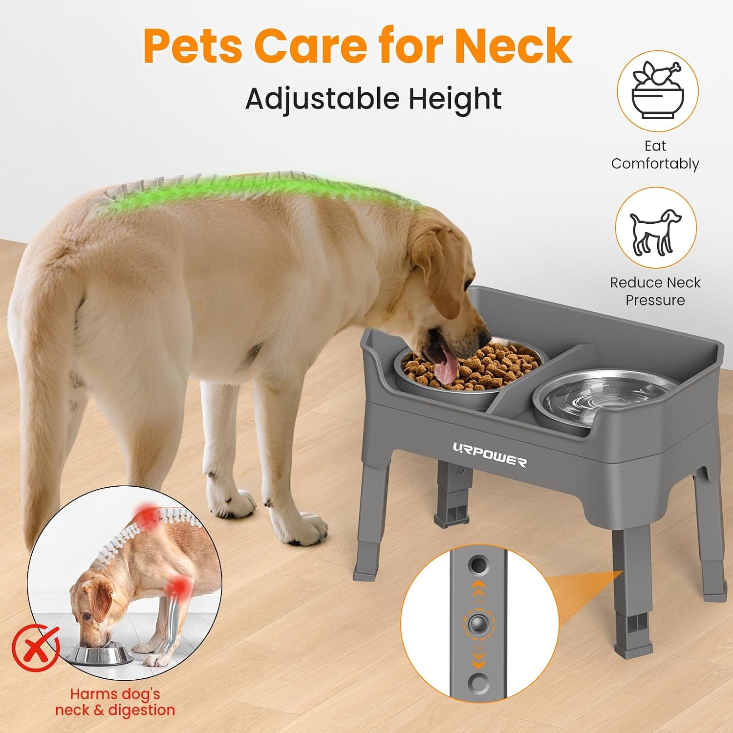 image:imageURPOWER 3in1 Elevated Dog Bowls Mess Proof Double Deck 4 Height Adjustable Raised Stand with 2 Stainless Steel Food Bowls amp Licking Plate for Small Medium amp Large DogsGrey