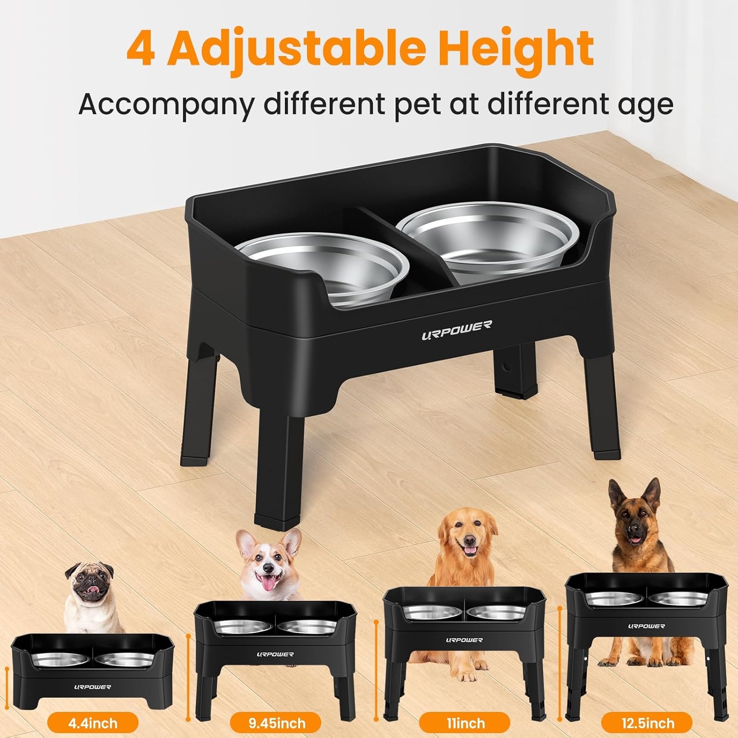 image:imageURPOWER 3in1 Elevated Dog Bowls Mess Proof Double Deck 4 Height Adjustable Raised Stand with 2 Stainless Steel Food Bowls amp Licking Plate for Small Medium amp Large DogsBlack