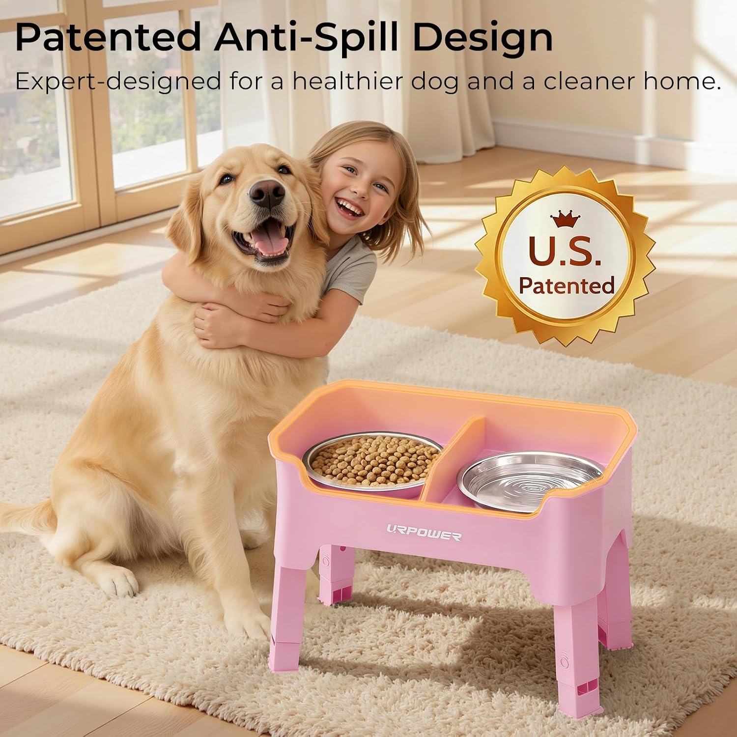 image:imageURPOWER 3in1 Elevated Dog Bowls Mess Proof Double Deck 4 Height Adjustable Raised Stand with 2 Stainless Steel Food Bowls amp Licking Plate for Small Medium amp Large DogsPink