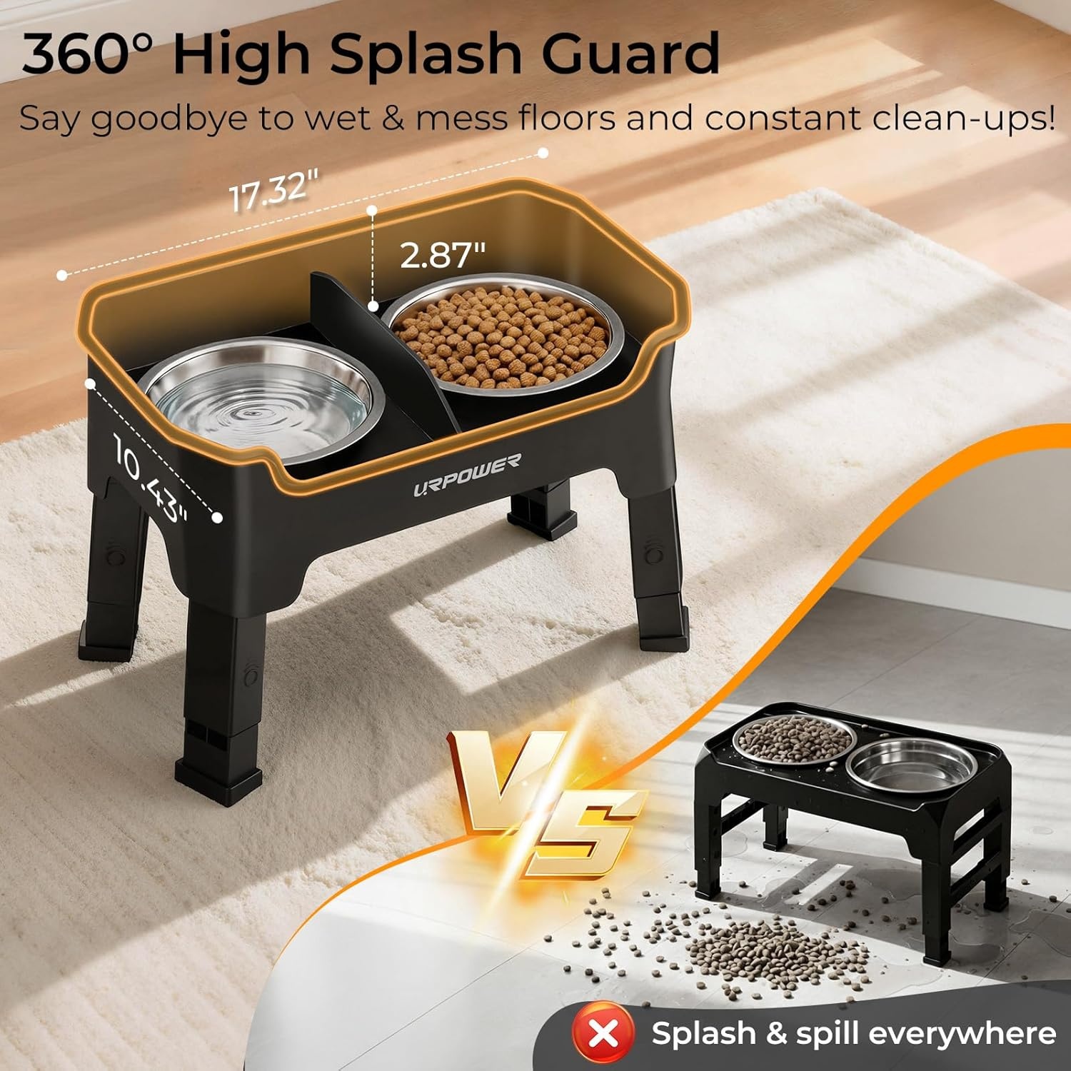 image:imageURPOWER 3in1 Elevated Dog Bowls Mess Proof Double Deck 4 Height Adjustable Raised Stand with 2 Stainless Steel Food Bowls amp Licking Plate for Small Medium amp Large DogsBlack