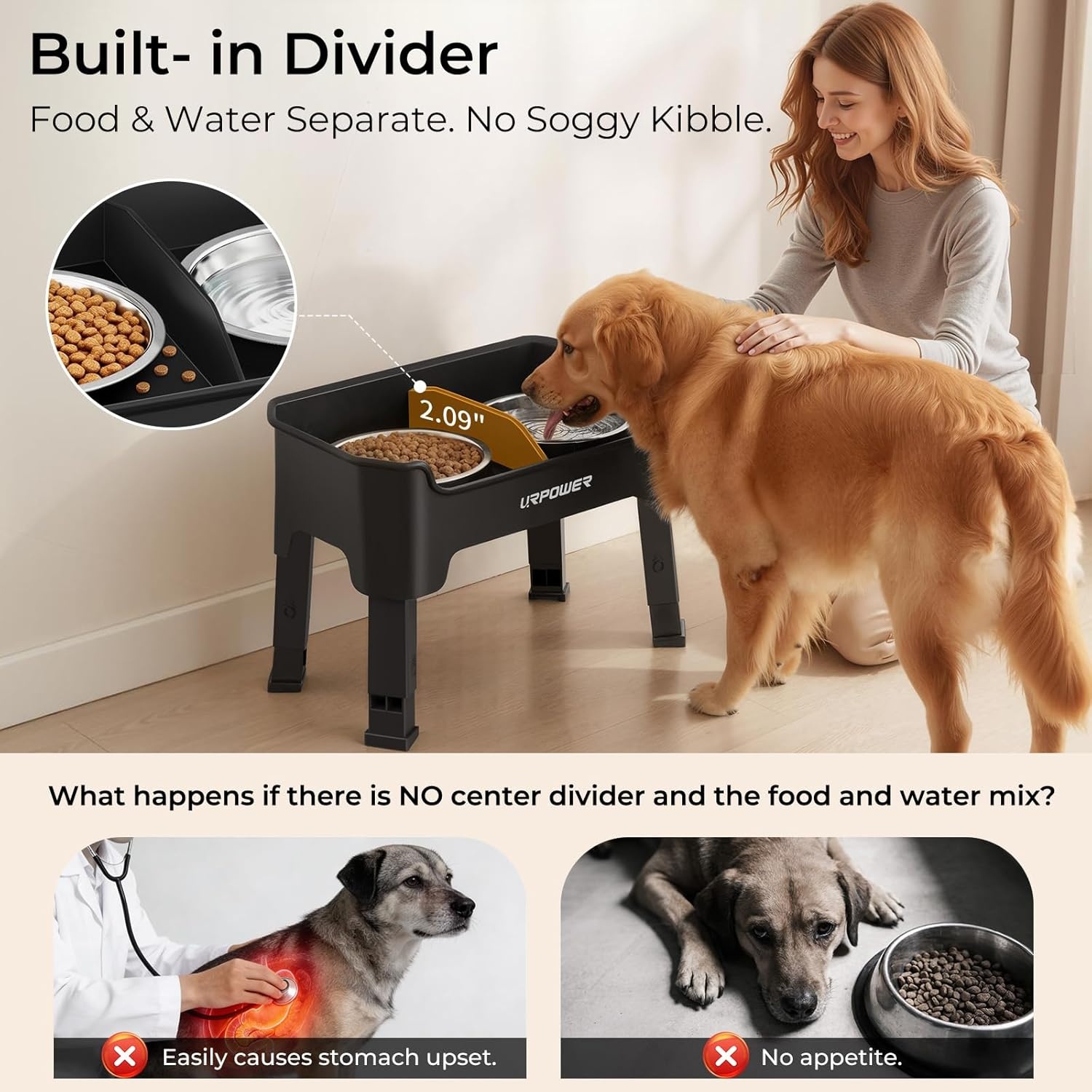 image:imageURPOWER 3in1 Elevated Dog Bowls Mess Proof Double Deck 4 Height Adjustable Raised Stand with 2 Stainless Steel Food Bowls amp Licking Plate for Small Medium amp Large DogsBlack