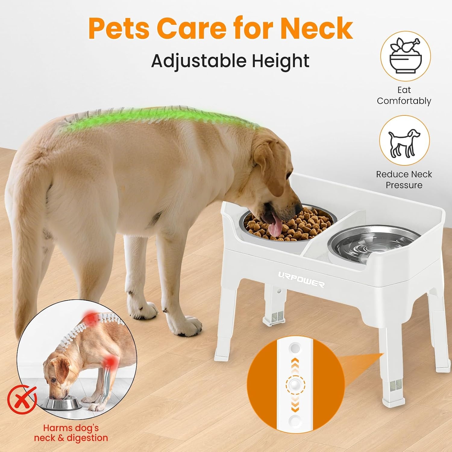 image:imageURPOWER 3in1 Elevated Dog Bowls Mess Proof Double Deck 4 Height Adjustable Raised Stand with 2 Stainless Steel Food Bowls amp Licking Plate for Small Medium amp Large DogsLight Grey