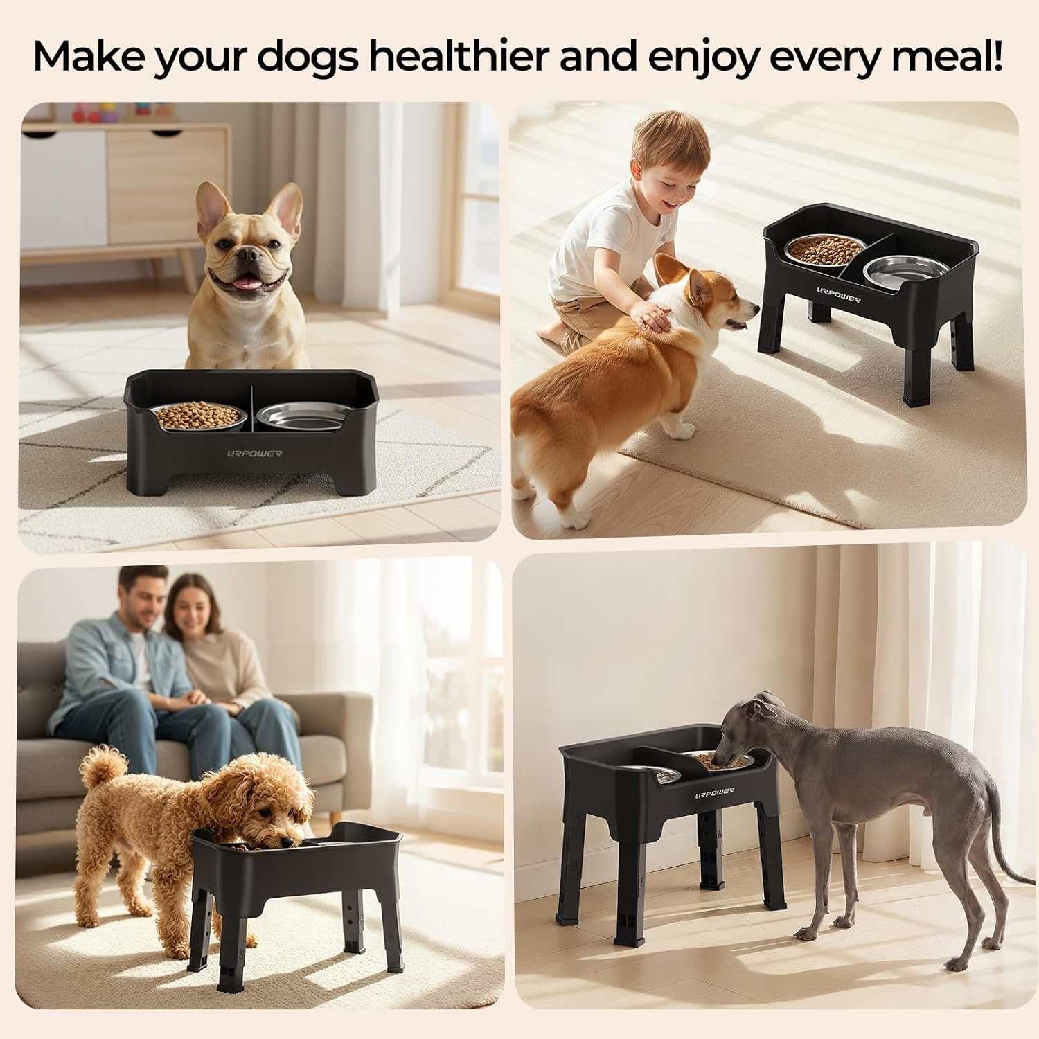 image:imageURPOWER 3in1 Elevated Dog Bowls Mess Proof Double Deck 4 Height Adjustable Raised Stand with 2 Stainless Steel Food Bowls amp Licking Plate for Small Medium amp Large DogsBlack