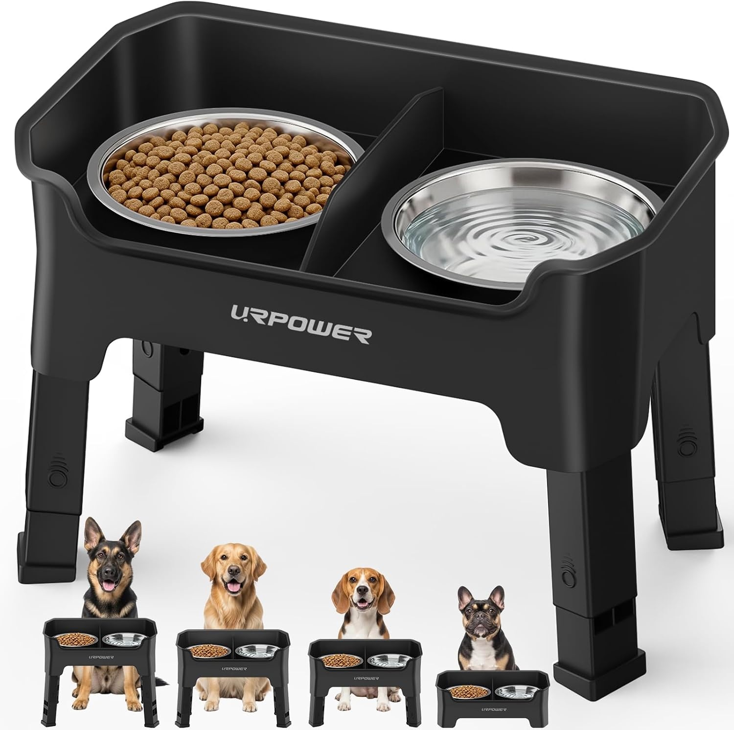 image:imageURPOWER 3in1 Elevated Dog Bowls Mess Proof Double Deck 4 Height Adjustable Raised Stand with 2 Stainless Steel Food Bowls amp Licking Plate for Small Medium amp Large DogsBlack