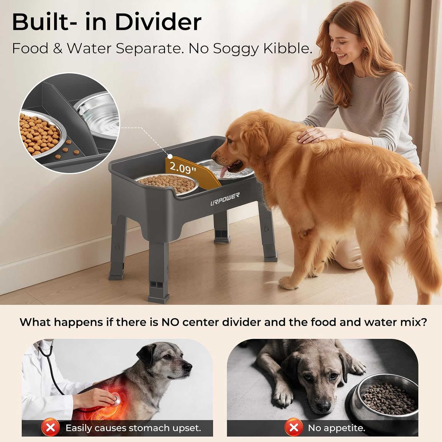 image:imageURPOWER 3in1 Elevated Dog Bowls Mess Proof Double Deck 4 Height Adjustable Raised Stand with 2 Stainless Steel Food Bowls amp Licking Plate for Small Medium amp Large DogsGrey