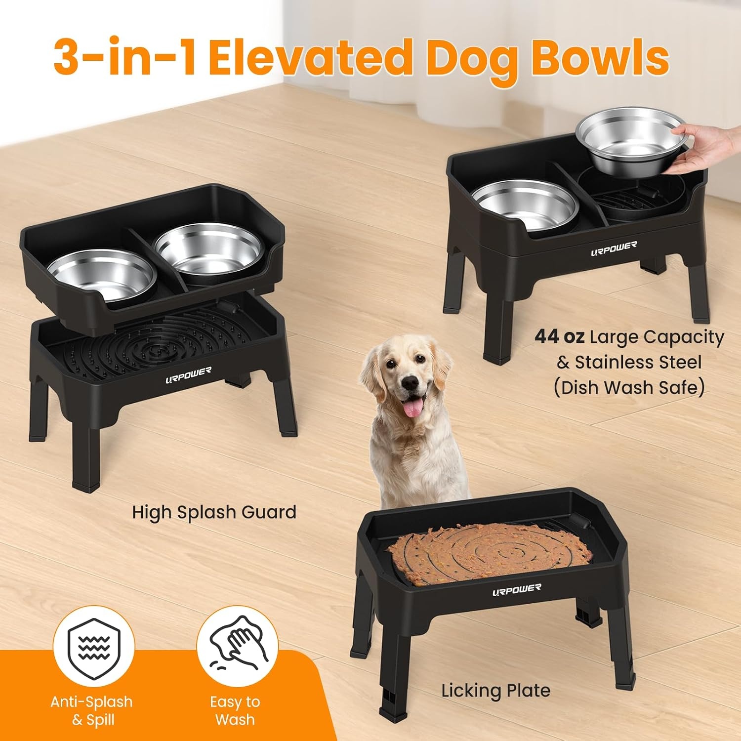 image:imageURPOWER 3in1 Elevated Dog Bowls Mess Proof Double Deck 4 Height Adjustable Raised Stand with 2 Stainless Steel Food Bowls amp Licking Plate for Small Medium amp Large DogsBlack