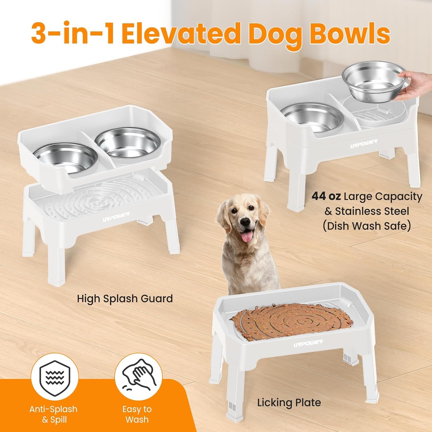 image:imageURPOWER 3in1 Elevated Dog Bowls Mess Proof Double Deck 4 Height Adjustable Raised Stand with 2 Stainless Steel Food Bowls amp Licking Plate for Small Medium amp Large DogsLight Grey