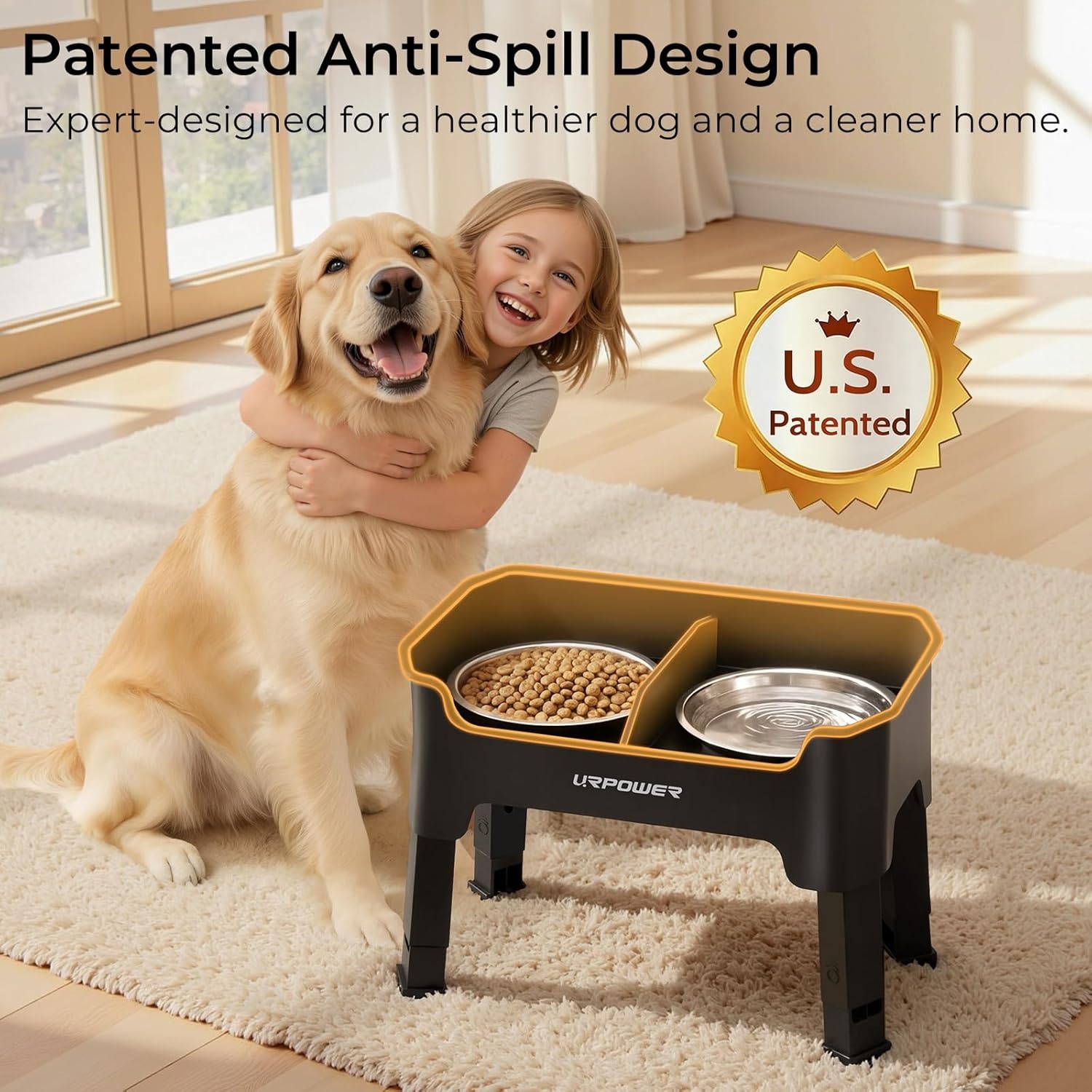 image:imageURPOWER 3in1 Elevated Dog Bowls Mess Proof Double Deck 4 Height Adjustable Raised Stand with 2 Stainless Steel Food Bowls amp Licking Plate for Small Medium amp Large DogsBlack