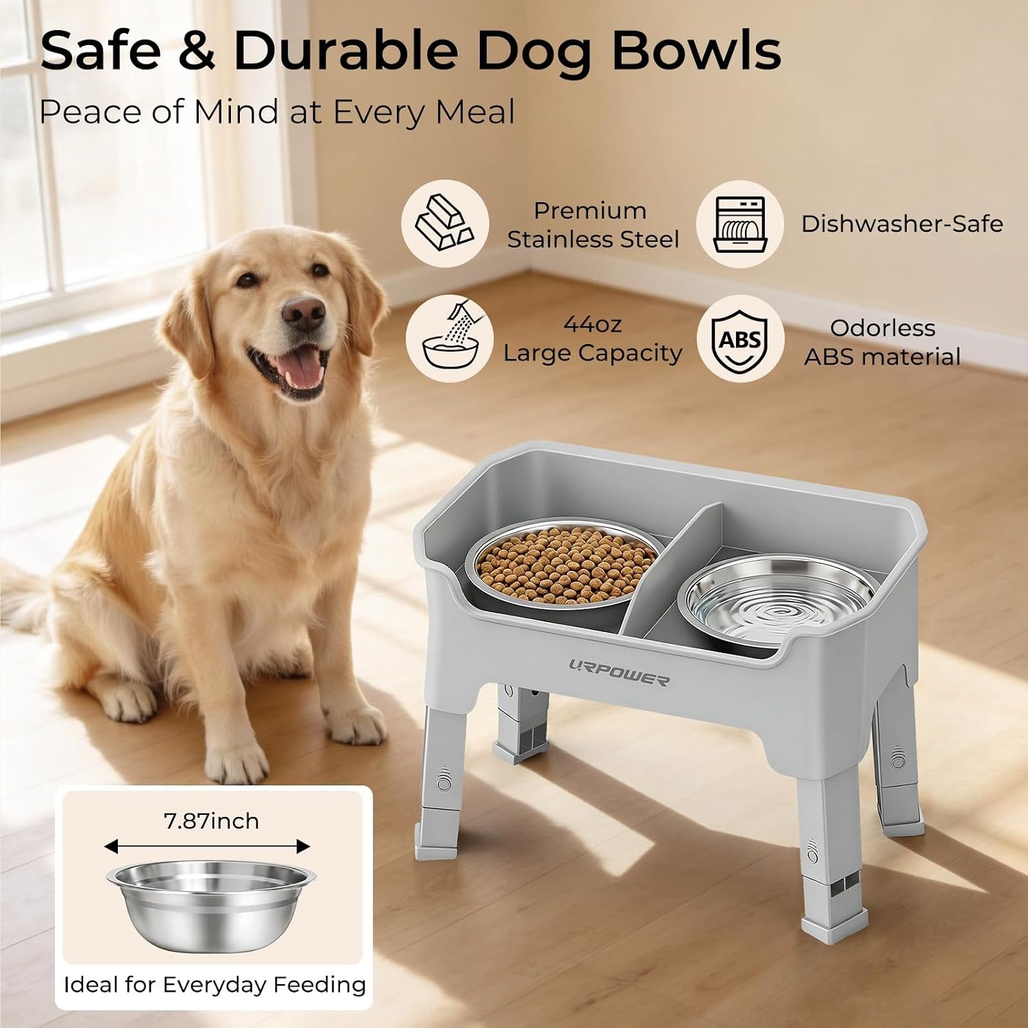 image:imageURPOWER 3in1 Elevated Dog Bowls Mess Proof Double Deck 4 Height Adjustable Raised Stand with 2 Stainless Steel Food Bowls amp Licking Plate for Small Medium amp Large DogsLight Grey