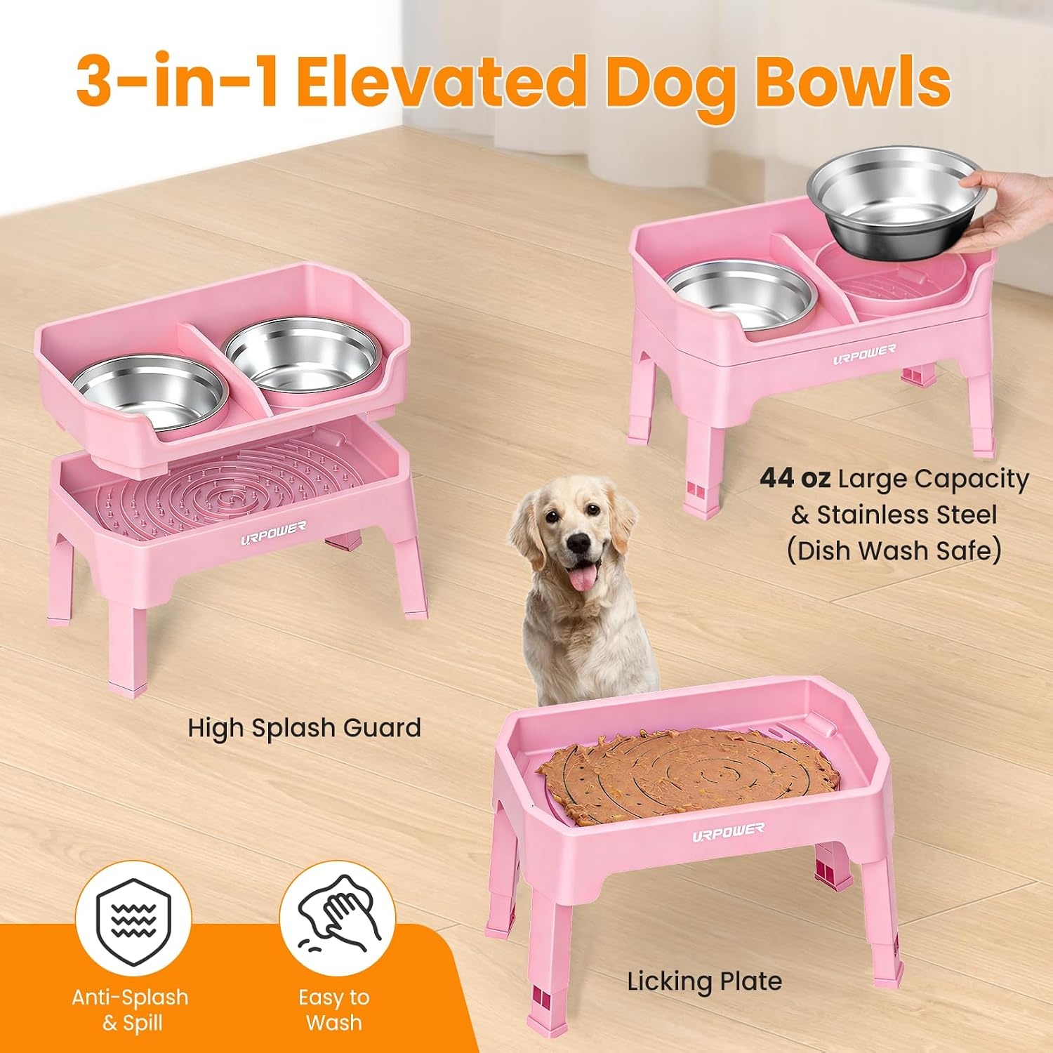 image:imageURPOWER 3in1 Elevated Dog Bowls Mess Proof Double Deck 4 Height Adjustable Raised Stand with 2 Stainless Steel Food Bowls amp Licking Plate for Small Medium amp Large DogsPink