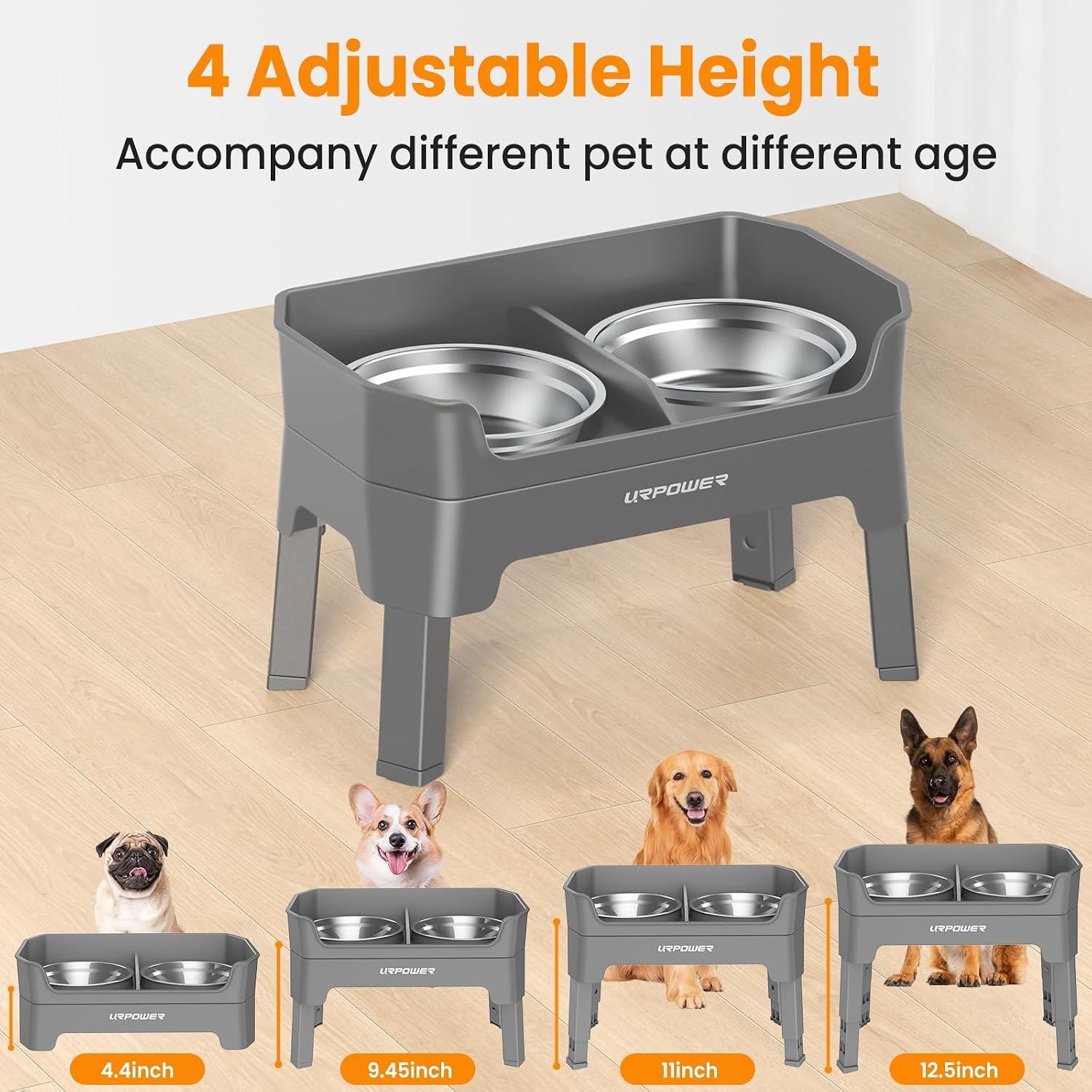 image:imageURPOWER 3in1 Elevated Dog Bowls Mess Proof Double Deck 4 Height Adjustable Raised Stand with 2 Stainless Steel Food Bowls amp Licking Plate for Small Medium amp Large DogsGrey