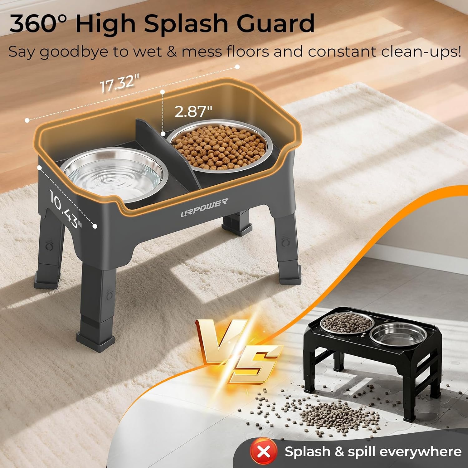 image:imageURPOWER 3in1 Elevated Dog Bowls Mess Proof Double Deck 4 Height Adjustable Raised Stand with 2 Stainless Steel Food Bowls amp Licking Plate for Small Medium amp Large DogsGrey