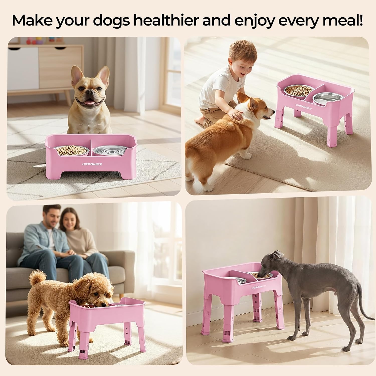 image:imageURPOWER 3in1 Elevated Dog Bowls Mess Proof Double Deck 4 Height Adjustable Raised Stand with 2 Stainless Steel Food Bowls amp Licking Plate for Small Medium amp Large DogsPink
