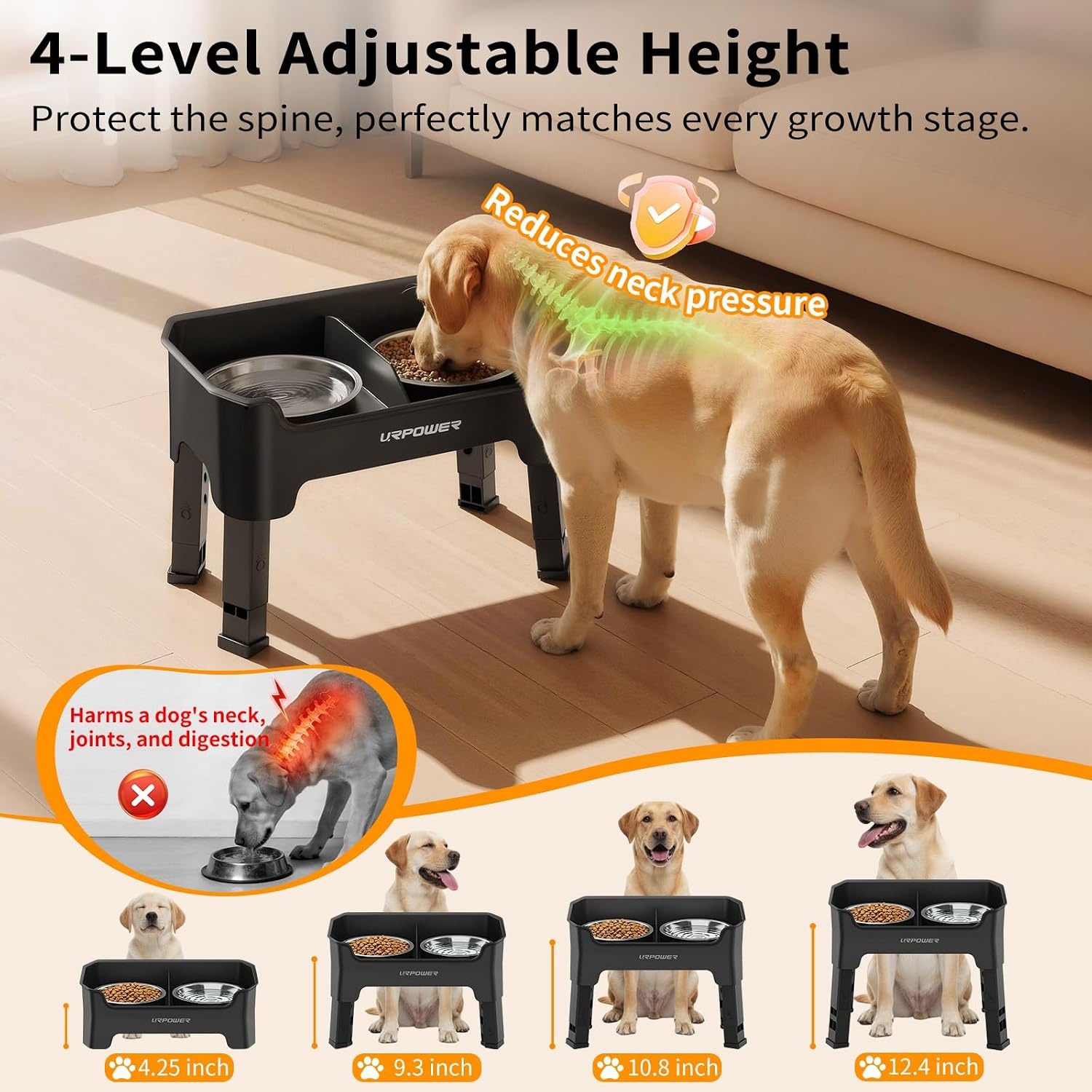 image:imageURPOWER 3in1 Elevated Dog Bowls Mess Proof Double Deck 4 Height Adjustable Raised Stand with 2 Stainless Steel Food Bowls amp Licking Plate for Small Medium amp Large DogsBlack