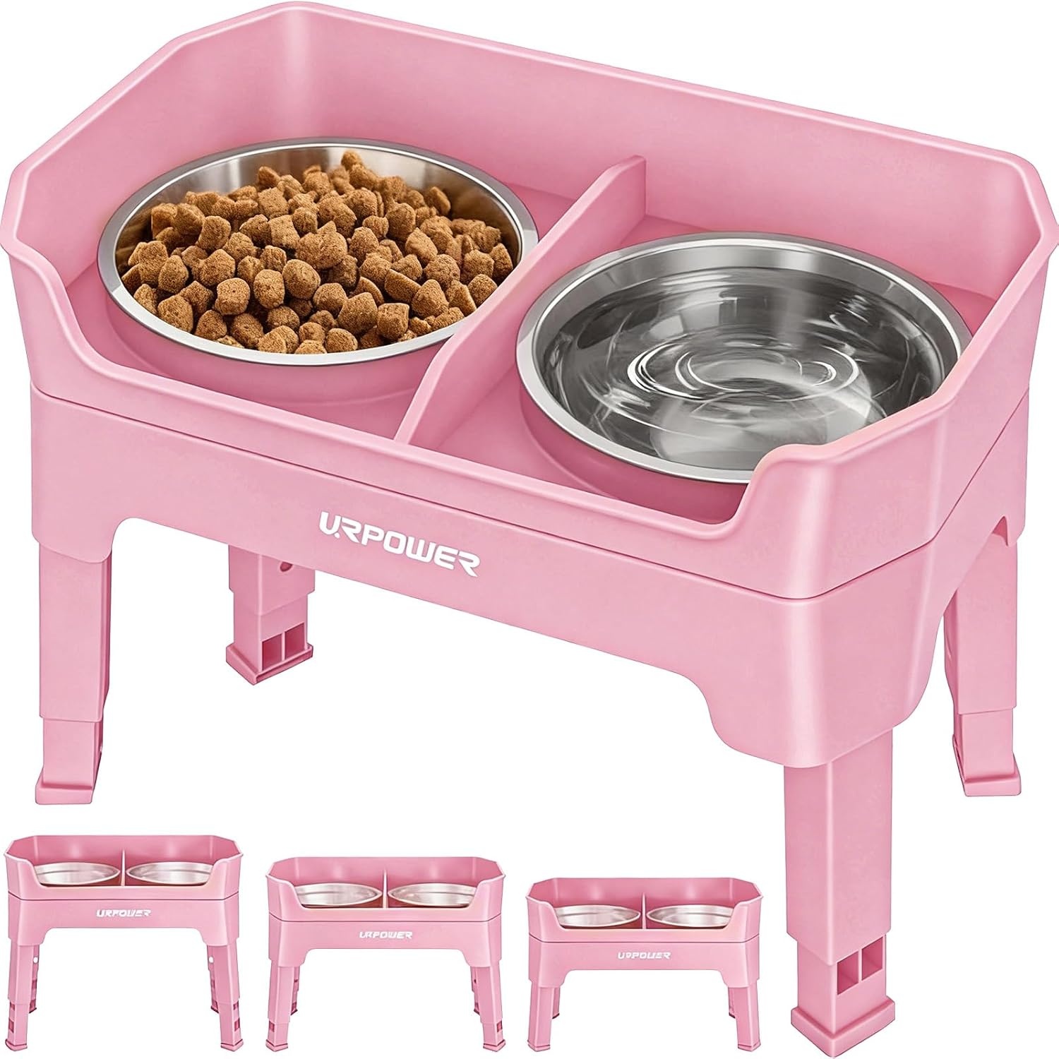 image:imageURPOWER 3in1 Elevated Dog Bowls Mess Proof Double Deck 4 Height Adjustable Raised Stand with 2 Stainless Steel Food Bowls amp Licking Plate for Small Medium amp Large DogsPink