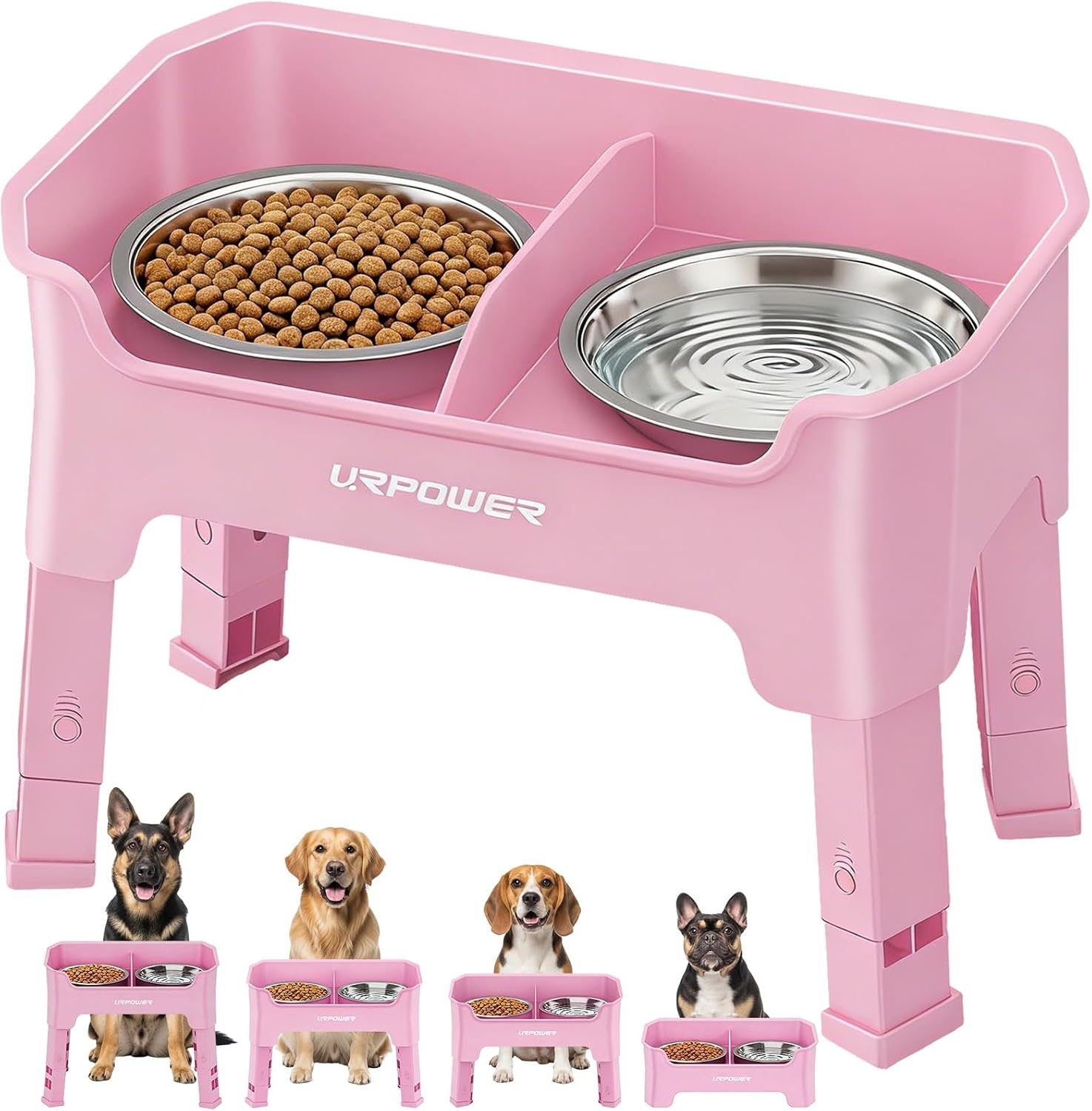 image:imageURPOWER 3in1 Elevated Dog Bowls Mess Proof Double Deck 4 Height Adjustable Raised Stand with 2 Stainless Steel Food Bowls amp Licking Plate for Small Medium amp Large DogsPink