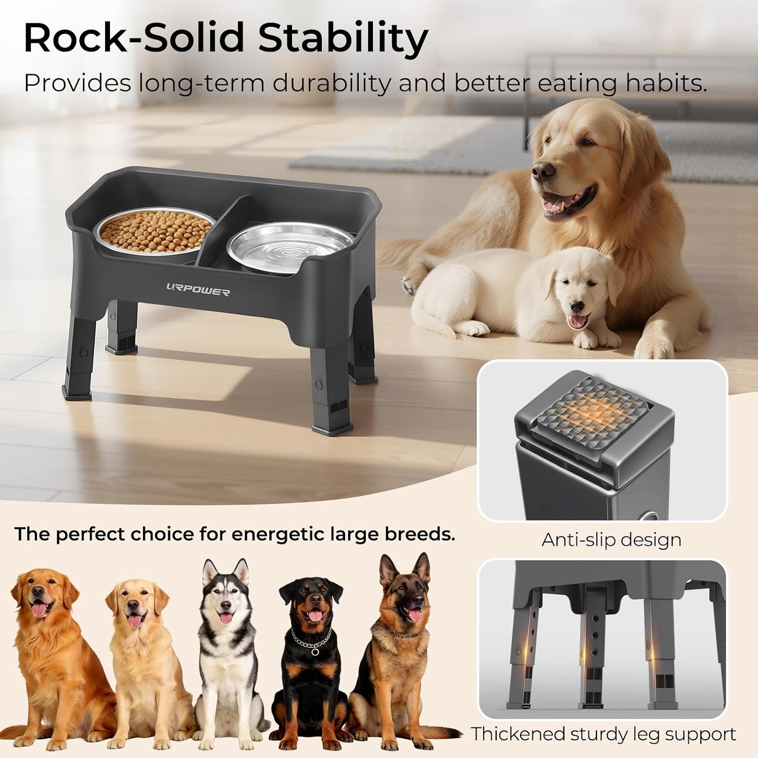 image:imageURPOWER 3in1 Elevated Dog Bowls Mess Proof Double Deck 4 Height Adjustable Raised Stand with 2 Stainless Steel Food Bowls amp Licking Plate for Small Medium amp Large DogsGrey