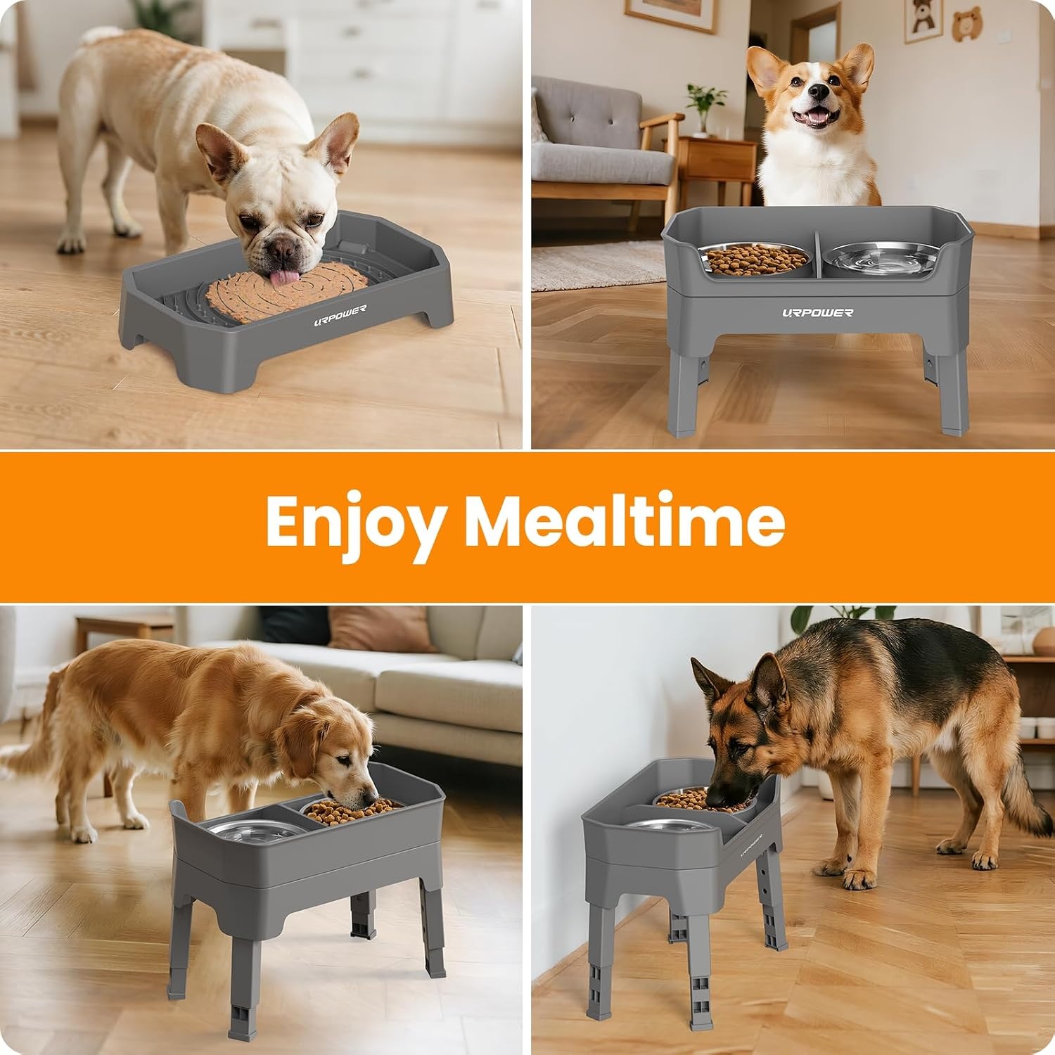 image:imageURPOWER 3in1 Elevated Dog Bowls Mess Proof Double Deck 4 Height Adjustable Raised Stand with 2 Stainless Steel Food Bowls amp Licking Plate for Small Medium amp Large DogsGrey