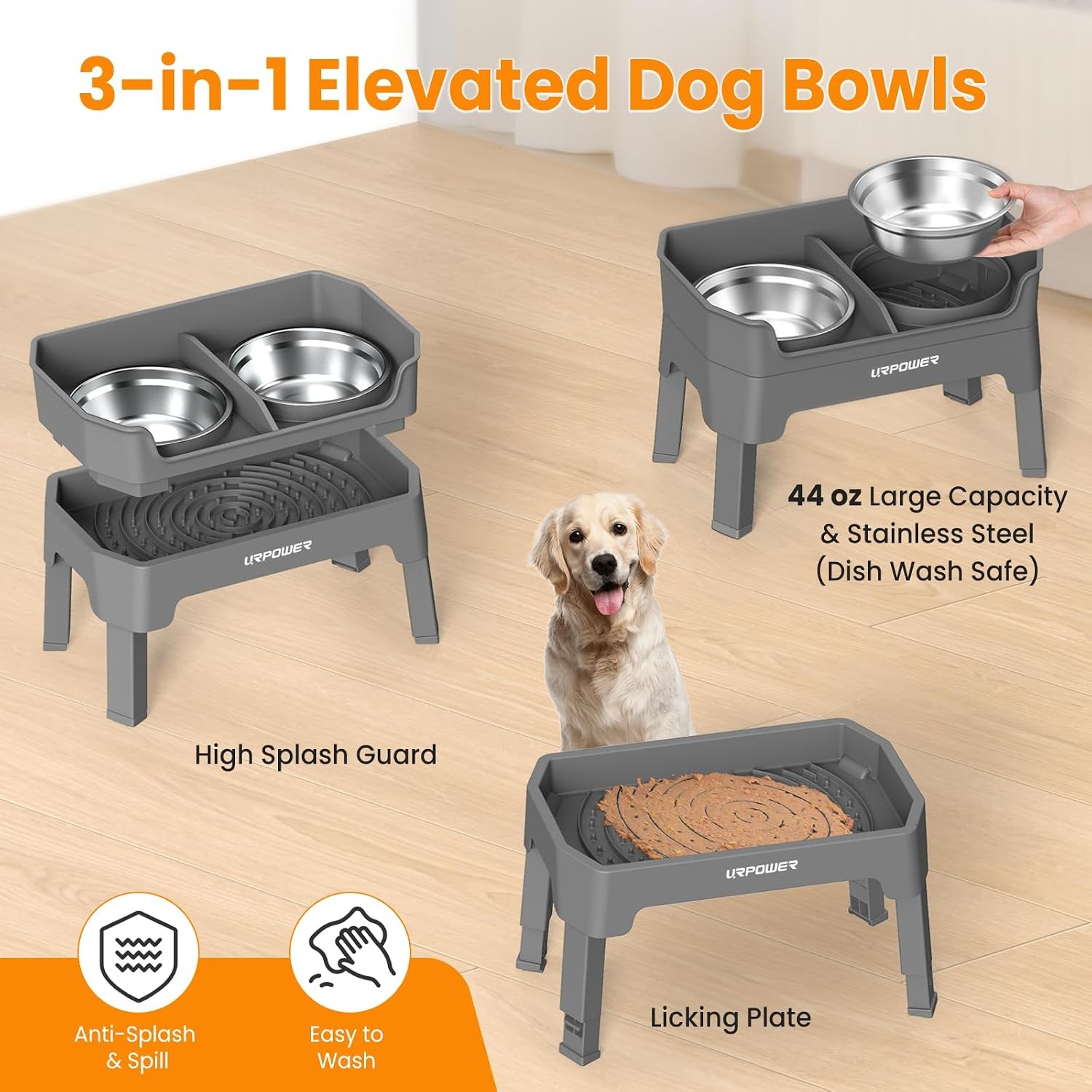 image:imageURPOWER 3in1 Elevated Dog Bowls Mess Proof Double Deck 4 Height Adjustable Raised Stand with 2 Stainless Steel Food Bowls amp Licking Plate for Small Medium amp Large DogsGrey