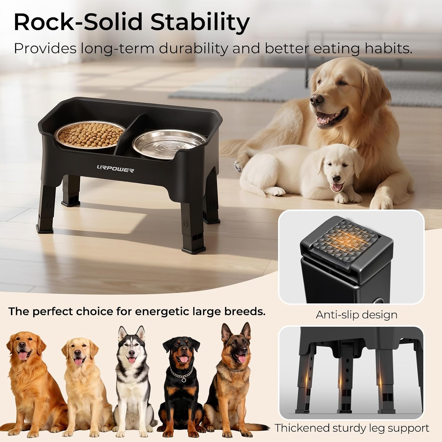 image:imageURPOWER 3in1 Elevated Dog Bowls Mess Proof Double Deck 4 Height Adjustable Raised Stand with 2 Stainless Steel Food Bowls amp Licking Plate for Small Medium amp Large DogsBlack