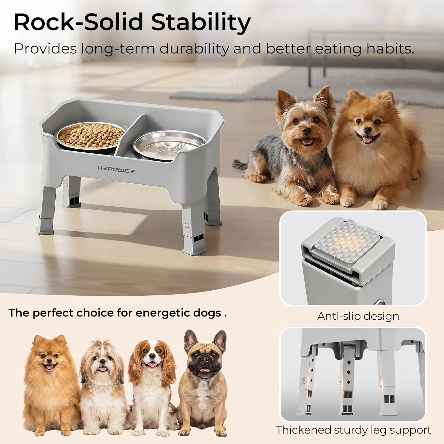 image:imageURPOWER 3in1 Elevated Dog Bowls Mess Proof Double Deck 4 Height Adjustable Raised Stand with 2 Stainless Steel Food Bowls amp Licking Plate for Small Medium amp Large DogsLight Grey