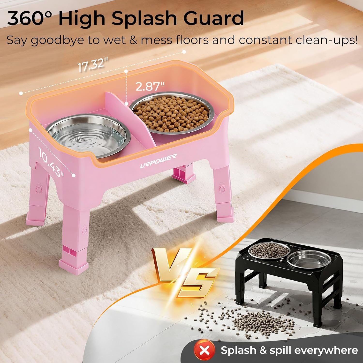 image:imageURPOWER 3in1 Elevated Dog Bowls Mess Proof Double Deck 4 Height Adjustable Raised Stand with 2 Stainless Steel Food Bowls amp Licking Plate for Small Medium amp Large DogsPink