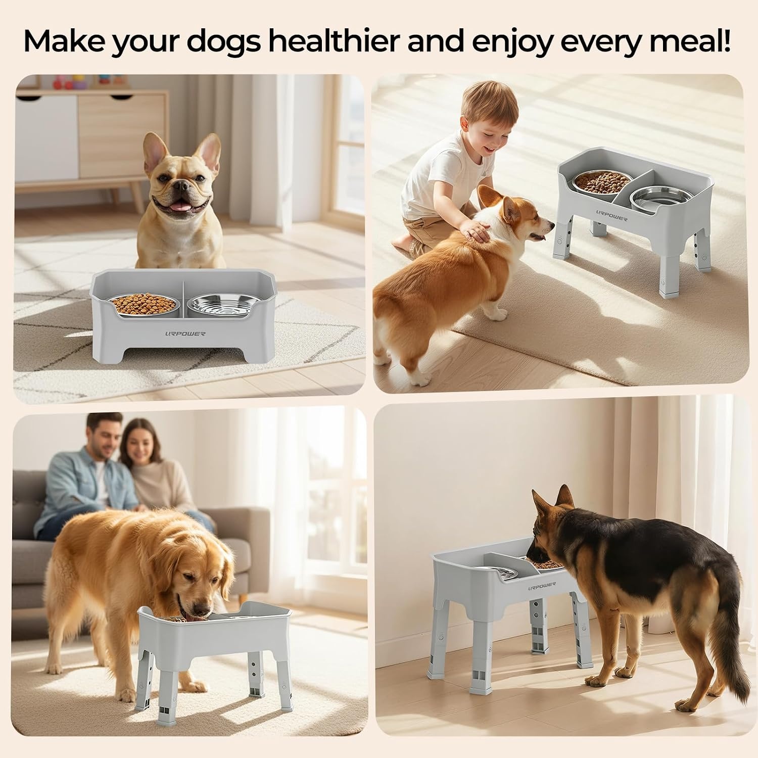image:imageURPOWER 3in1 Elevated Dog Bowls Mess Proof Double Deck 4 Height Adjustable Raised Stand with 2 Stainless Steel Food Bowls amp Licking Plate for Small Medium amp Large DogsLight Grey