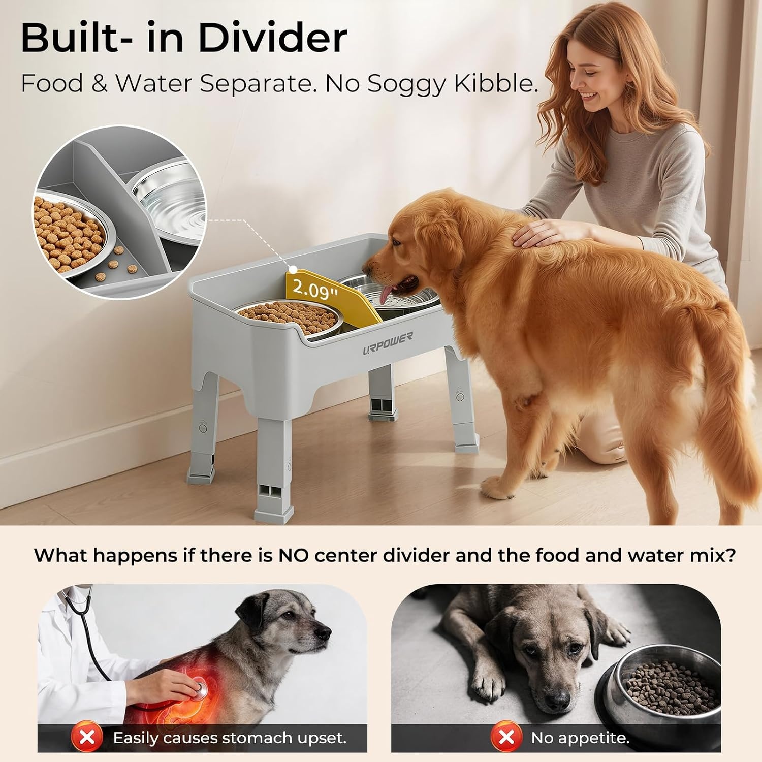 image:imageURPOWER 3in1 Elevated Dog Bowls Mess Proof Double Deck 4 Height Adjustable Raised Stand with 2 Stainless Steel Food Bowls amp Licking Plate for Small Medium amp Large DogsLight Grey