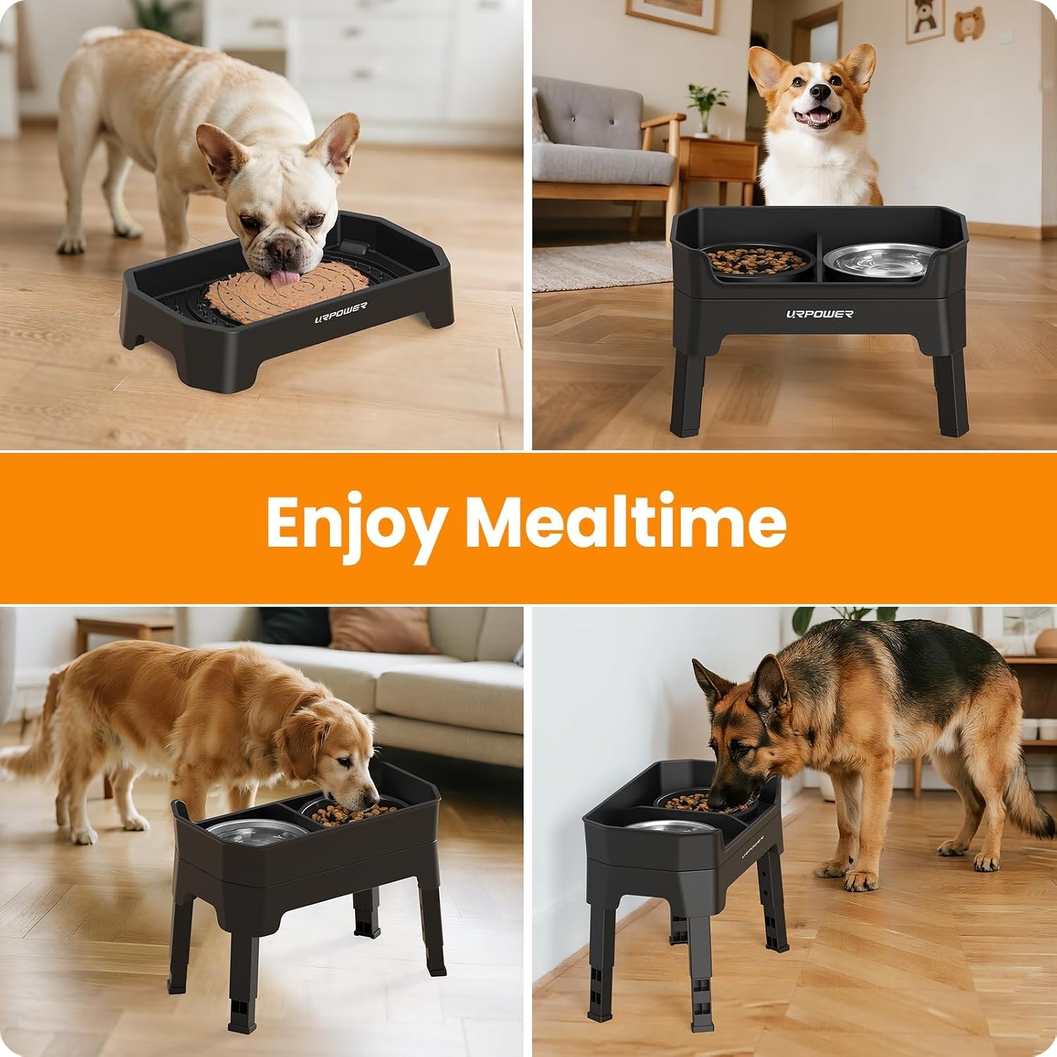image:imageURPOWER 3in1 Elevated Dog Bowls Mess Proof Double Deck 4 Height Adjustable Raised Stand with 2 Stainless Steel Food Bowls amp Licking Plate for Small Medium amp Large DogsMatte Black