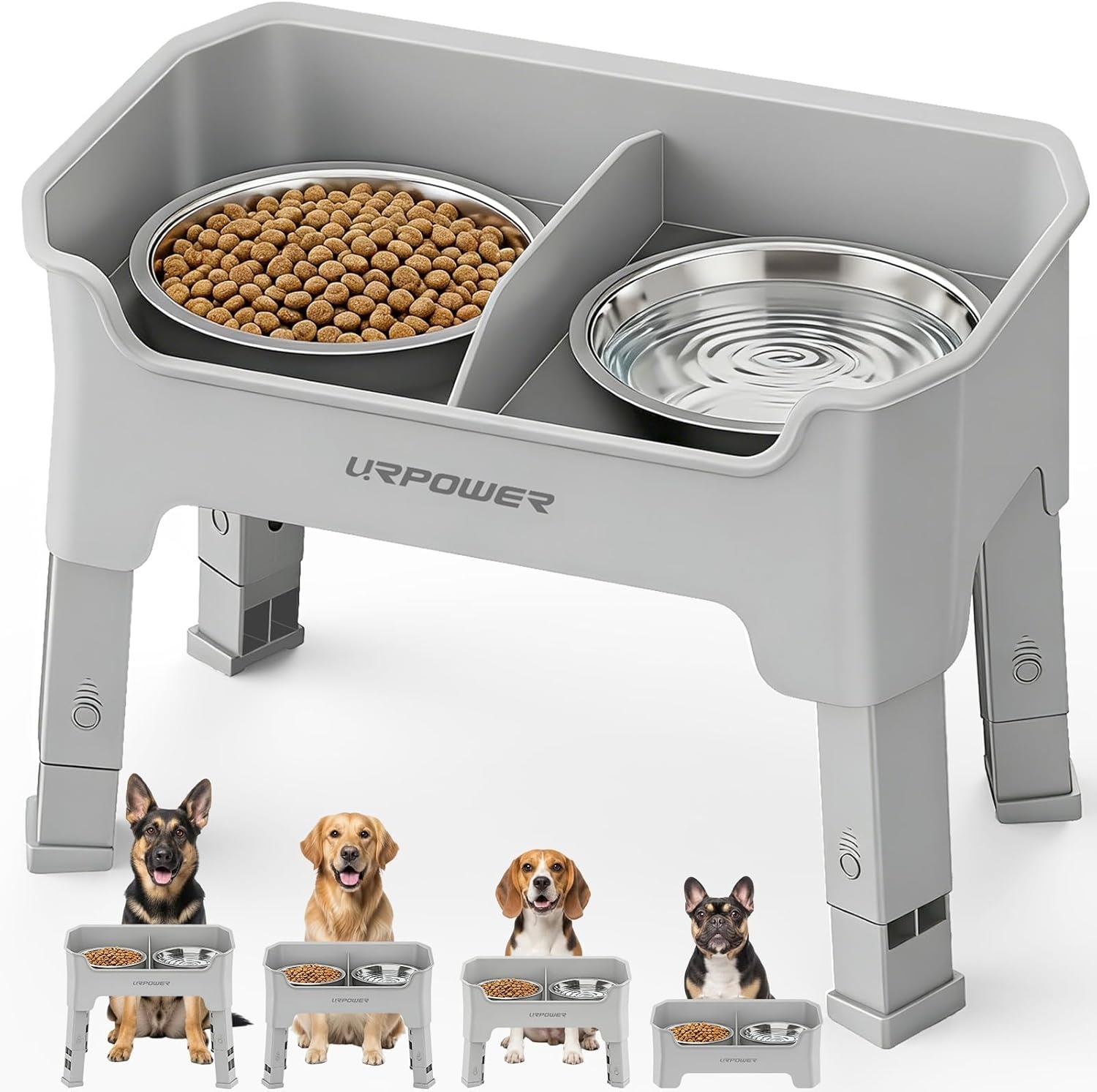 image:imageURPOWER 3in1 Elevated Dog Bowls Mess Proof Double Deck 4 Height Adjustable Raised Stand with 2 Stainless Steel Food Bowls amp Licking Plate for Small Medium amp Large DogsLight Grey
