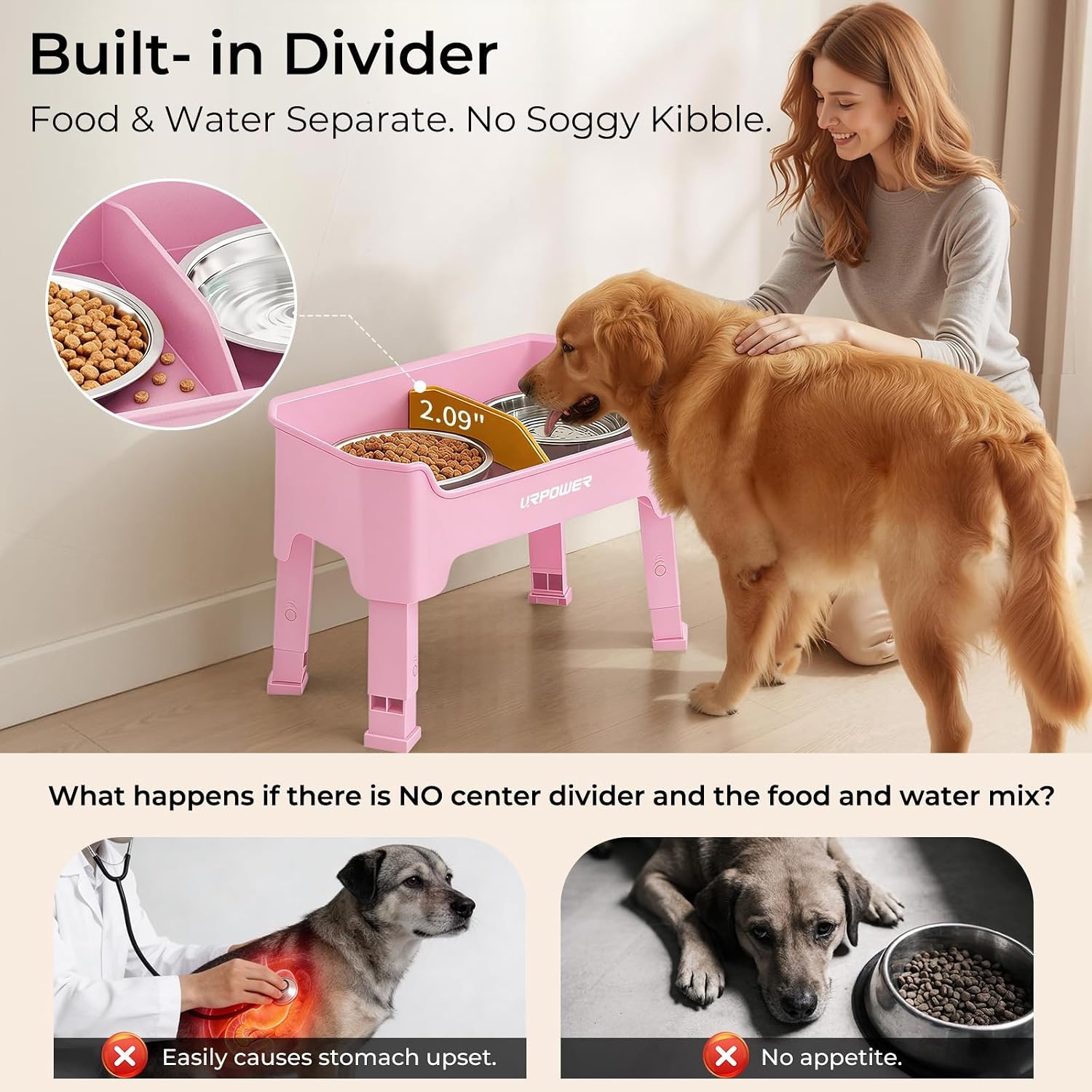 image:imageURPOWER 3in1 Elevated Dog Bowls Mess Proof Double Deck 4 Height Adjustable Raised Stand with 2 Stainless Steel Food Bowls amp Licking Plate for Small Medium amp Large DogsPink