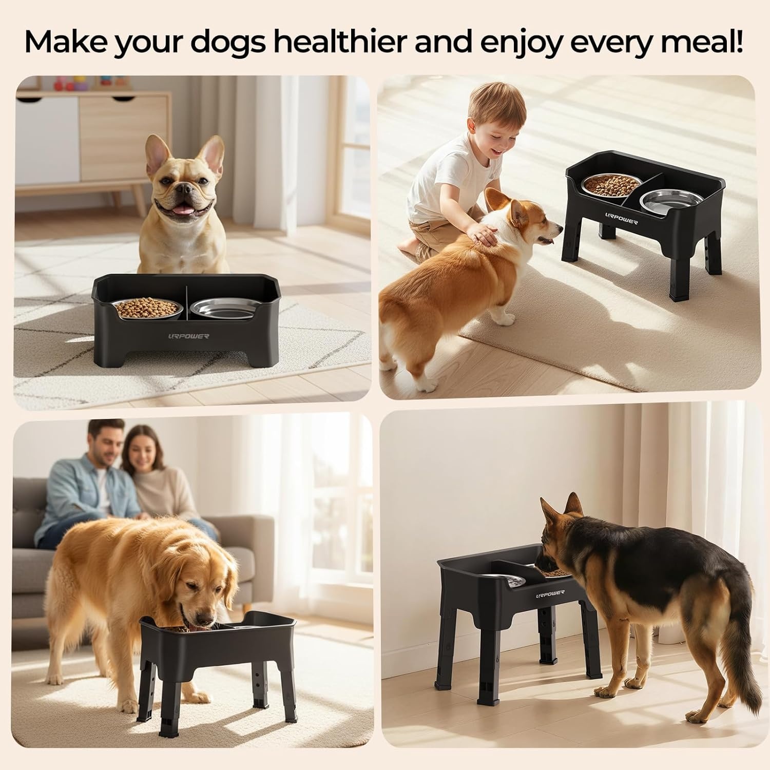 image:imageURPOWER 3in1 Elevated Dog Bowls Mess Proof Double Deck 4 Height Adjustable Raised Stand with 2 Stainless Steel Food Bowls amp Licking Plate for Small Medium amp Large DogsBlack