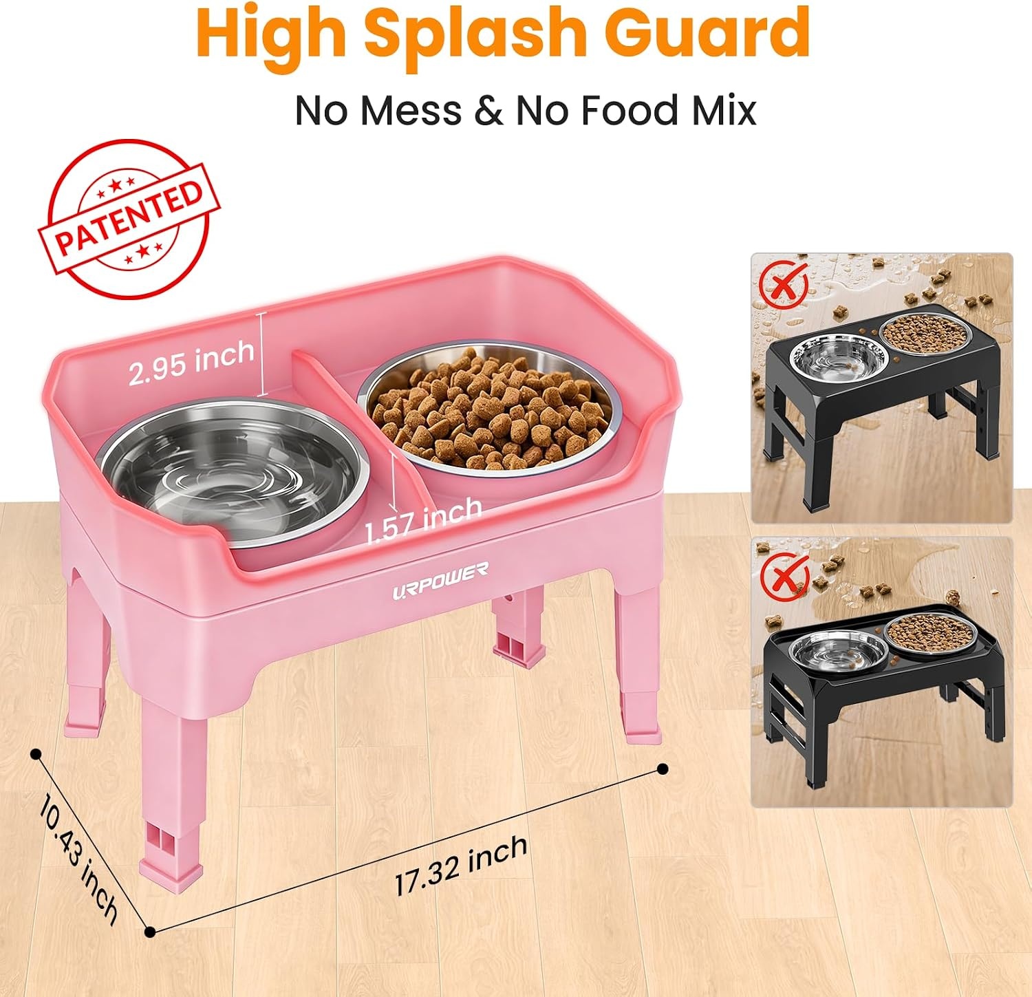 image:imageURPOWER 3in1 Elevated Dog Bowls Mess Proof Double Deck 4 Height Adjustable Raised Stand with 2 Stainless Steel Food Bowls amp Licking Plate for Small Medium amp Large DogsPink