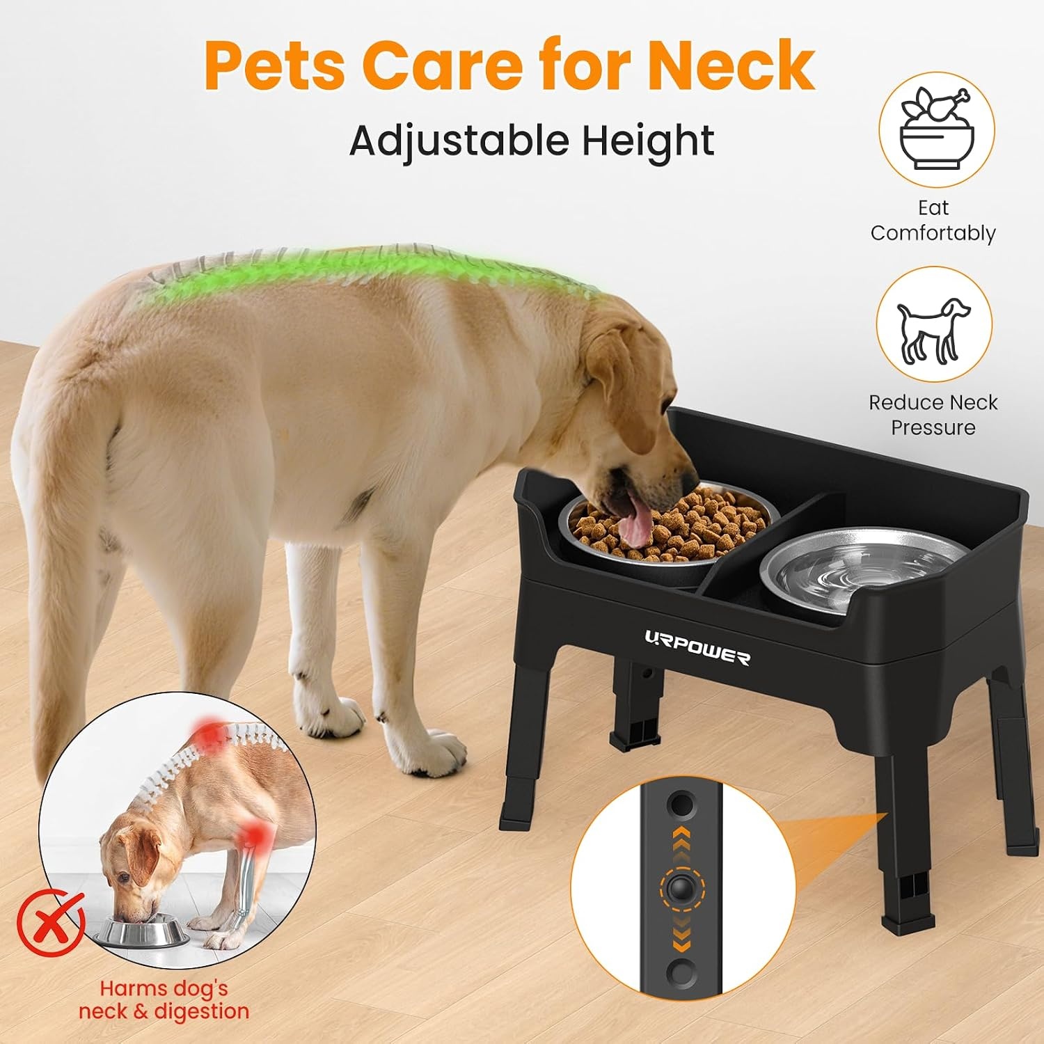 image:imageURPOWER 3in1 Elevated Dog Bowls Mess Proof Double Deck 4 Height Adjustable Raised Stand with 2 Stainless Steel Food Bowls amp Licking Plate for Small Medium amp Large DogsBlack