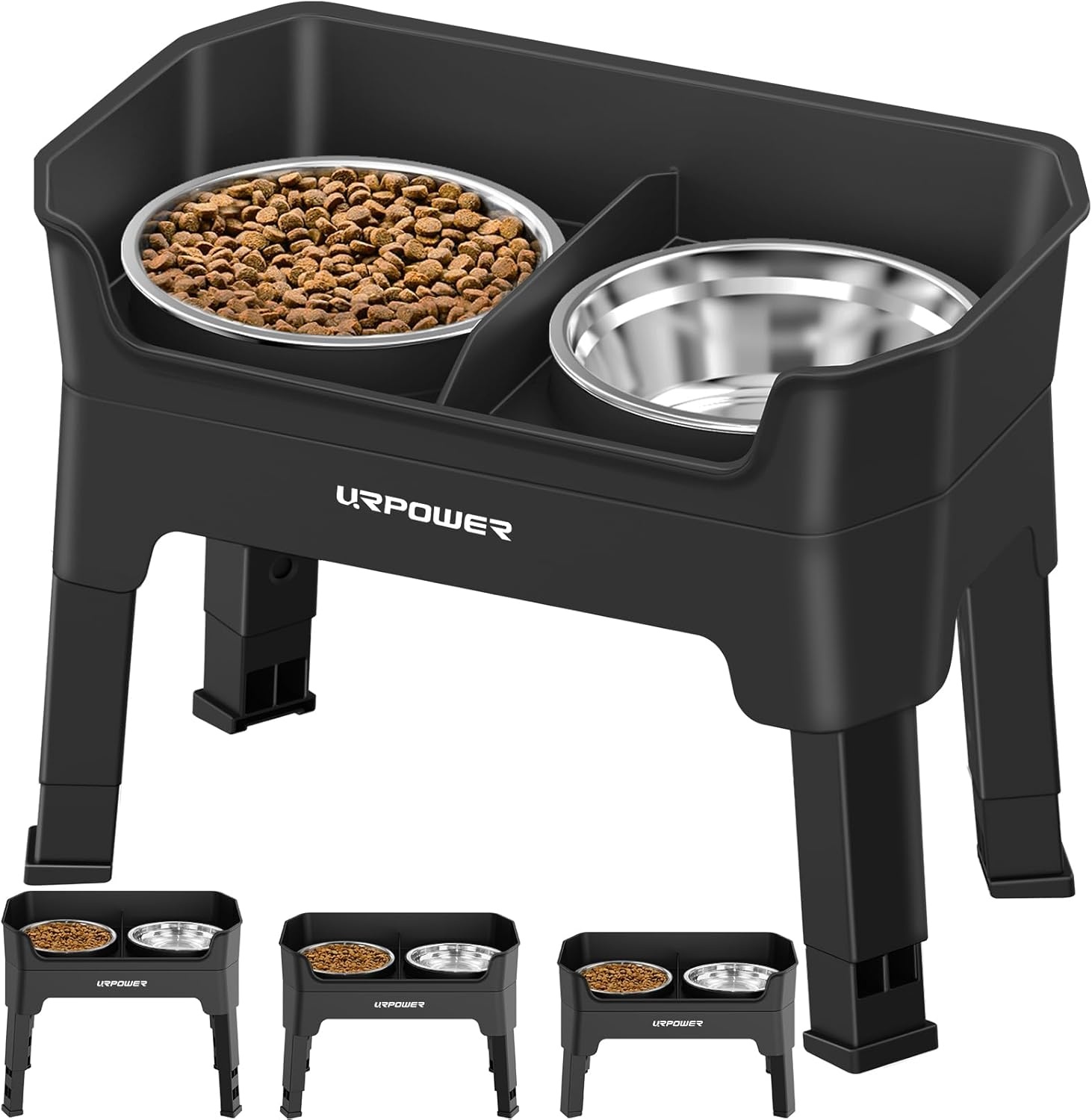 image:imageURPOWER 3in1 Elevated Dog Bowls Mess Proof Double Deck 4 Height Adjustable Raised Stand with 2 Stainless Steel Food Bowls amp Licking Plate for Small Medium amp Large DogsBlack