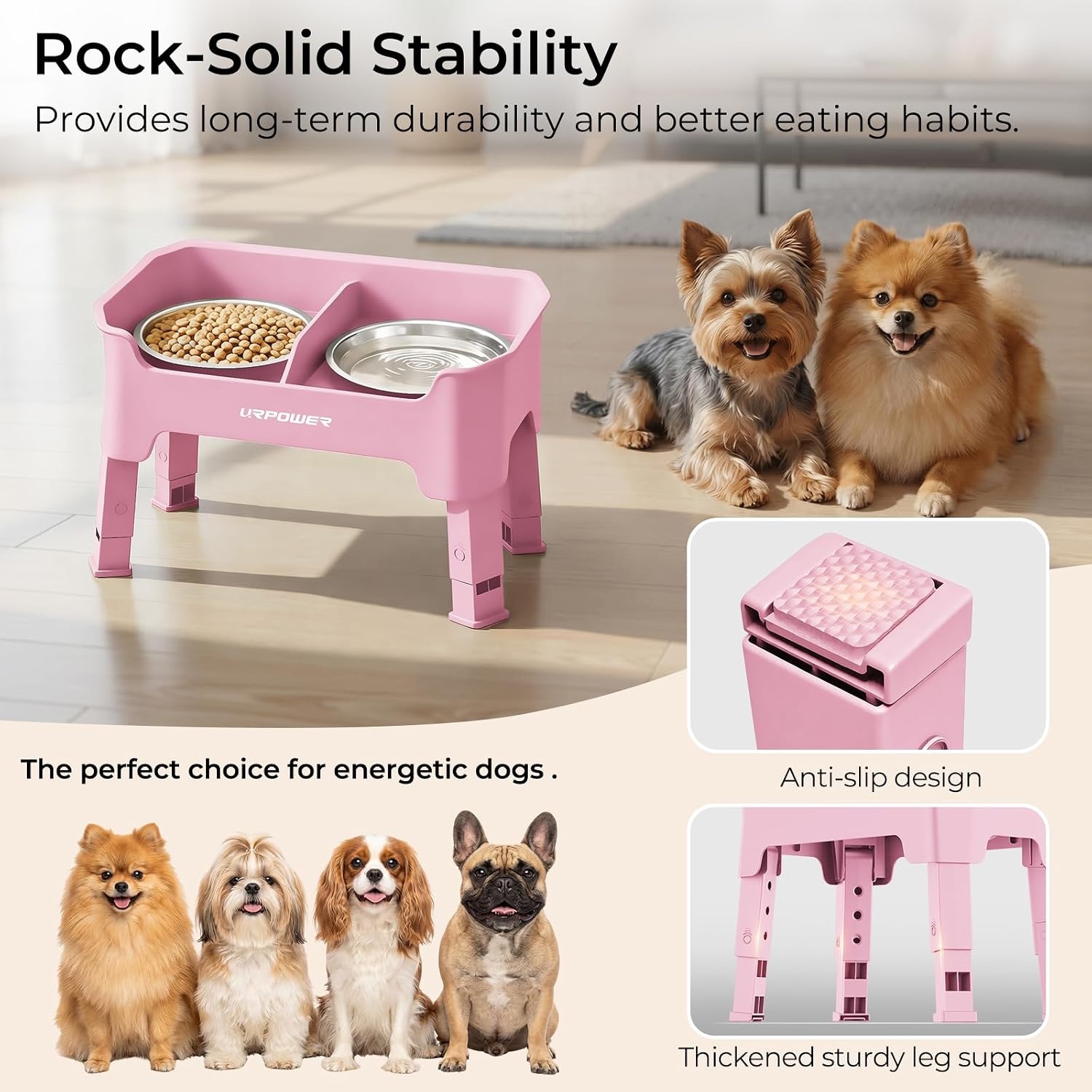 image:imageURPOWER 3in1 Elevated Dog Bowls Mess Proof Double Deck 4 Height Adjustable Raised Stand with 2 Stainless Steel Food Bowls amp Licking Plate for Small Medium amp Large DogsPink