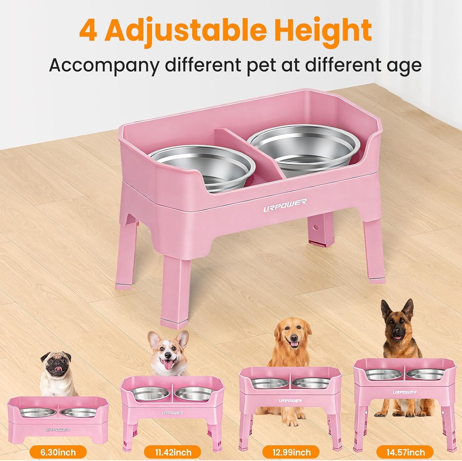 image:imageURPOWER 3in1 Elevated Dog Bowls Mess Proof Double Deck 4 Height Adjustable Raised Stand with 2 Stainless Steel Food Bowls amp Licking Plate for Small Medium amp Large DogsPink