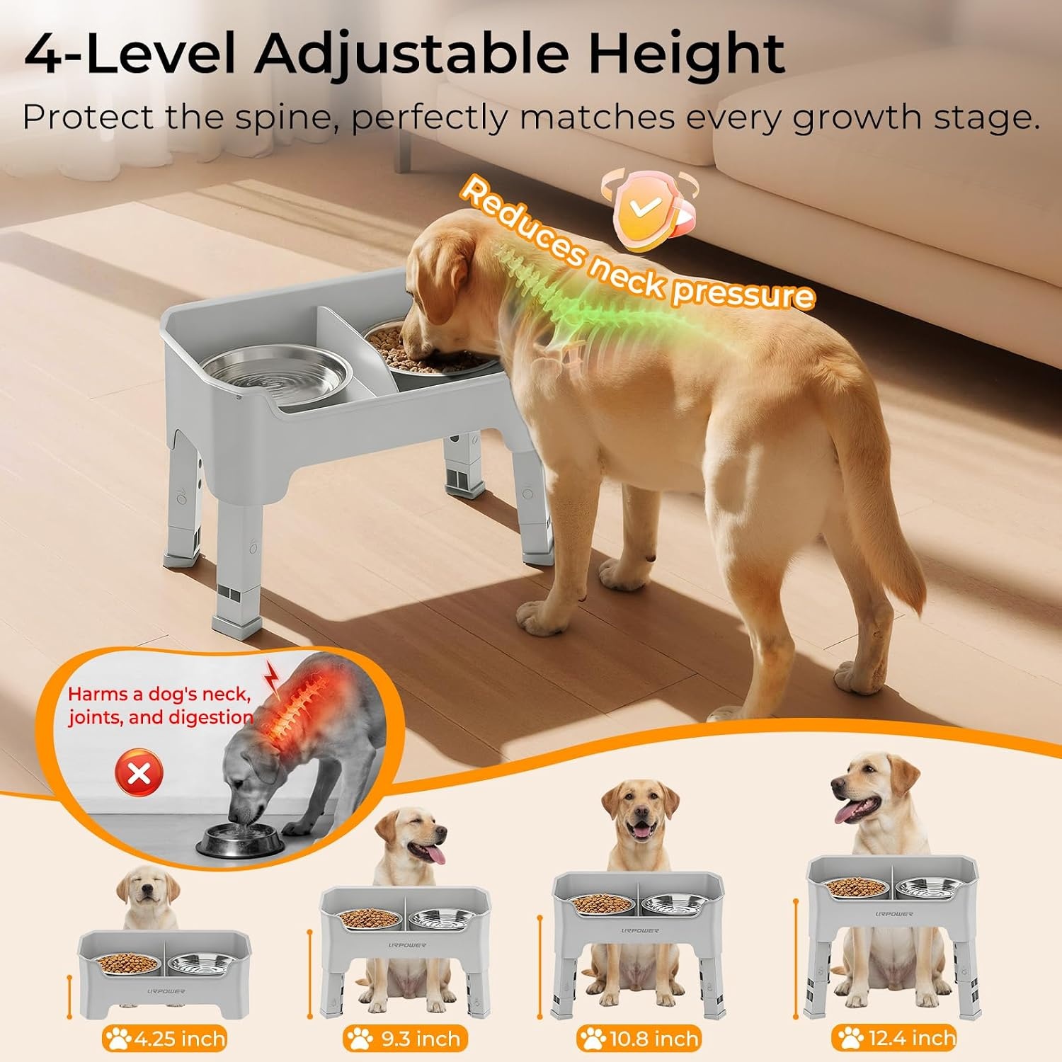 image:imageURPOWER 3in1 Elevated Dog Bowls Mess Proof Double Deck 4 Height Adjustable Raised Stand with 2 Stainless Steel Food Bowls amp Licking Plate for Small Medium amp Large DogsLight Grey