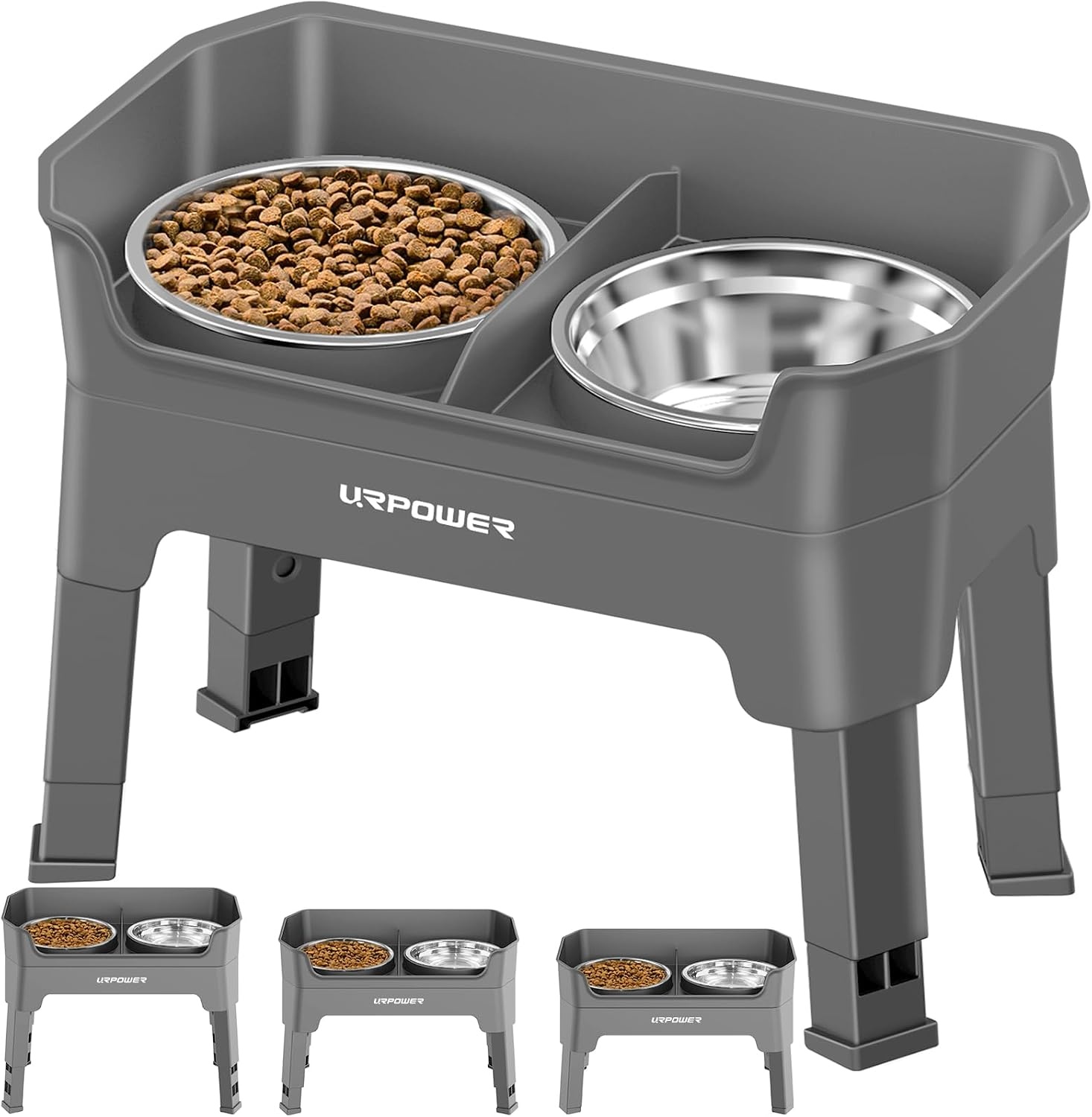 image:imageURPOWER 3in1 Elevated Dog Bowls Mess Proof Double Deck 4 Height Adjustable Raised Stand with 2 Stainless Steel Food Bowls amp Licking Plate for Small Medium amp Large DogsGrey