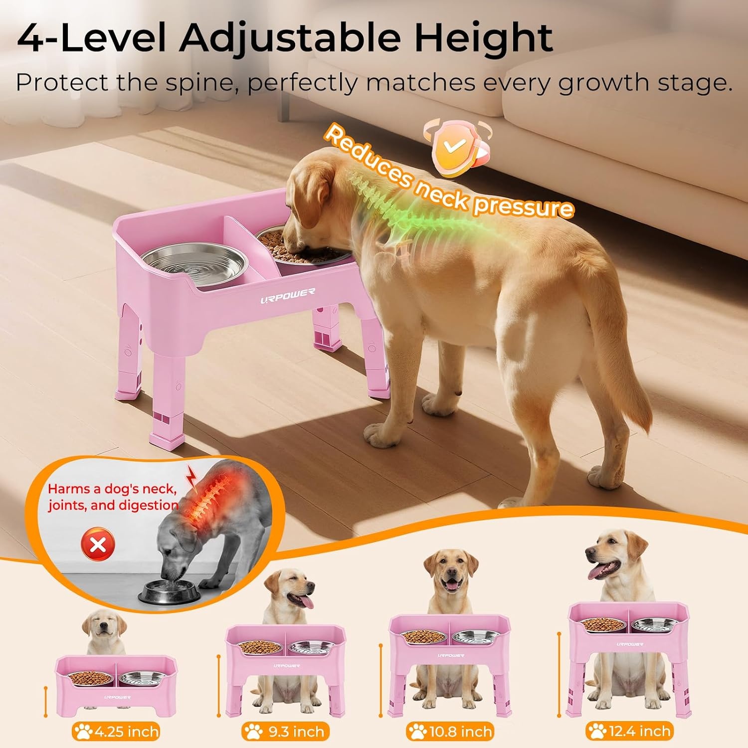 image:imageURPOWER 3in1 Elevated Dog Bowls Mess Proof Double Deck 4 Height Adjustable Raised Stand with 2 Stainless Steel Food Bowls amp Licking Plate for Small Medium amp Large DogsPink
