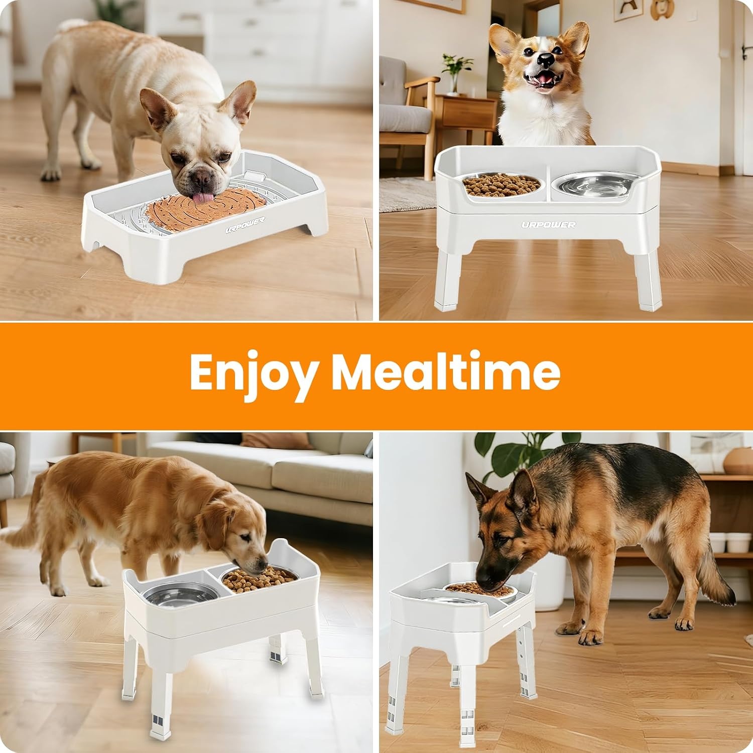 image:imageURPOWER 3in1 Elevated Dog Bowls Mess Proof Double Deck 4 Height Adjustable Raised Stand with 2 Stainless Steel Food Bowls amp Licking Plate for Small Medium amp Large DogsLight Grey