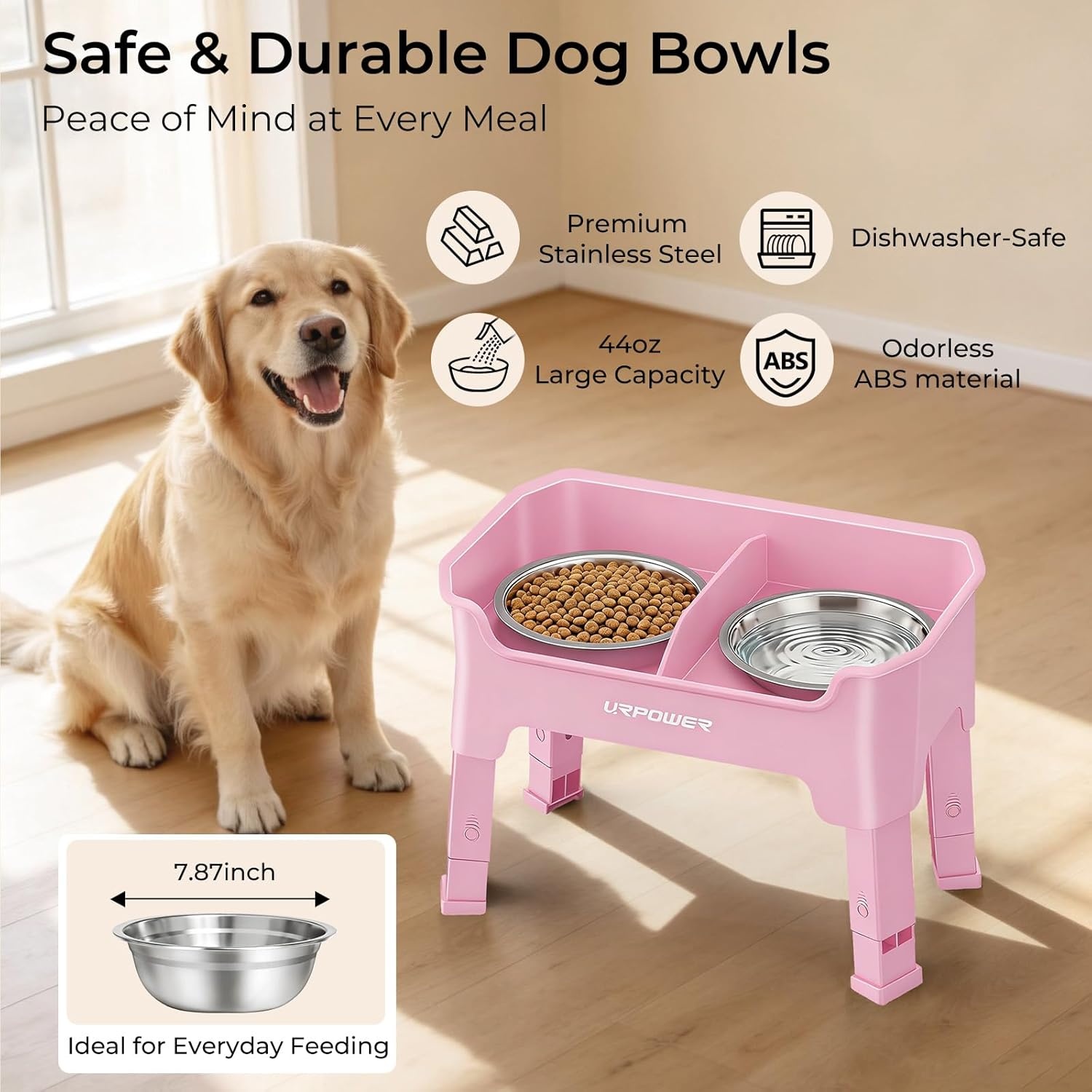 image:imageURPOWER 3in1 Elevated Dog Bowls Mess Proof Double Deck 4 Height Adjustable Raised Stand with 2 Stainless Steel Food Bowls amp Licking Plate for Small Medium amp Large DogsPink