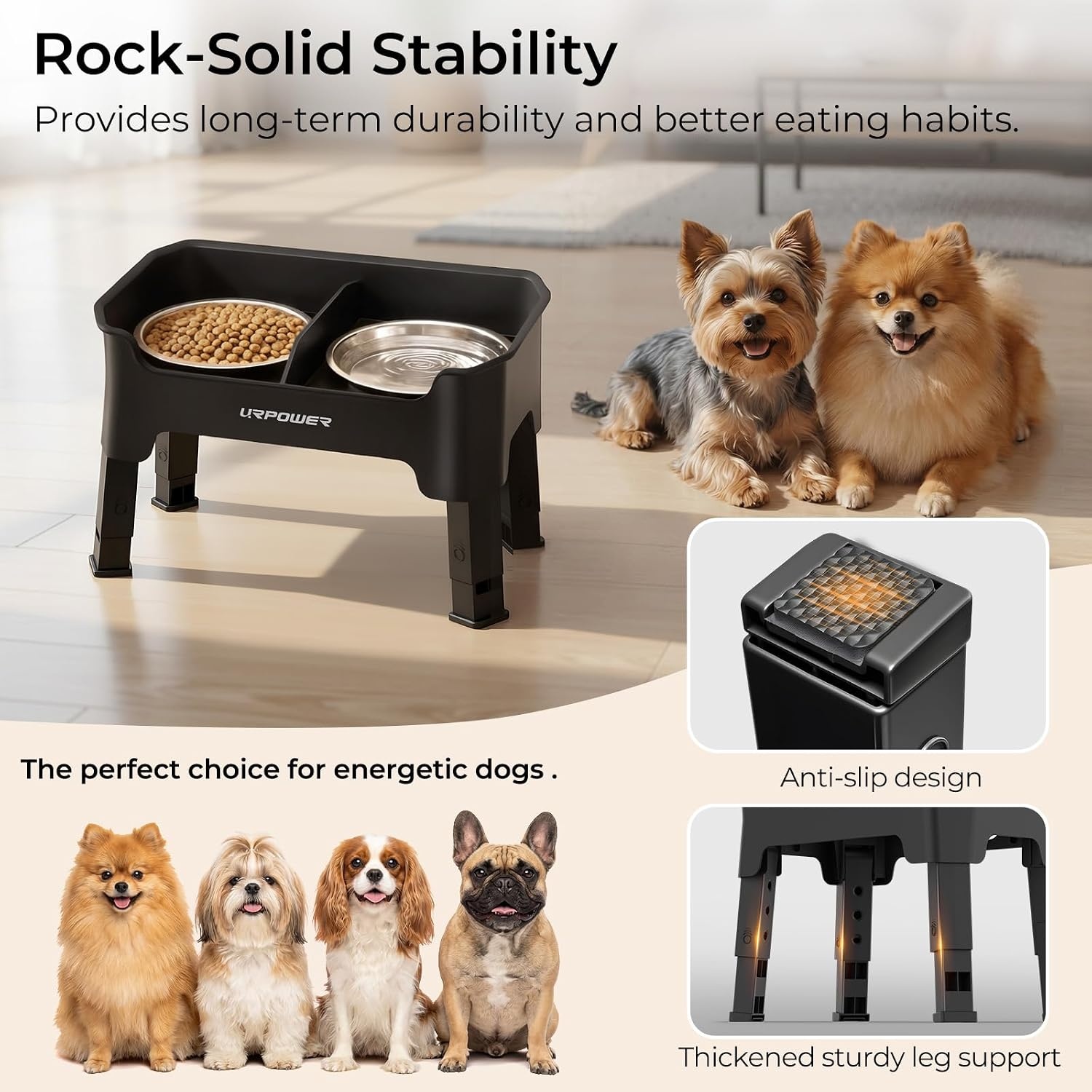 image:imageURPOWER 3in1 Elevated Dog Bowls Mess Proof Double Deck 4 Height Adjustable Raised Stand with 2 Stainless Steel Food Bowls amp Licking Plate for Small Medium amp Large DogsBlack