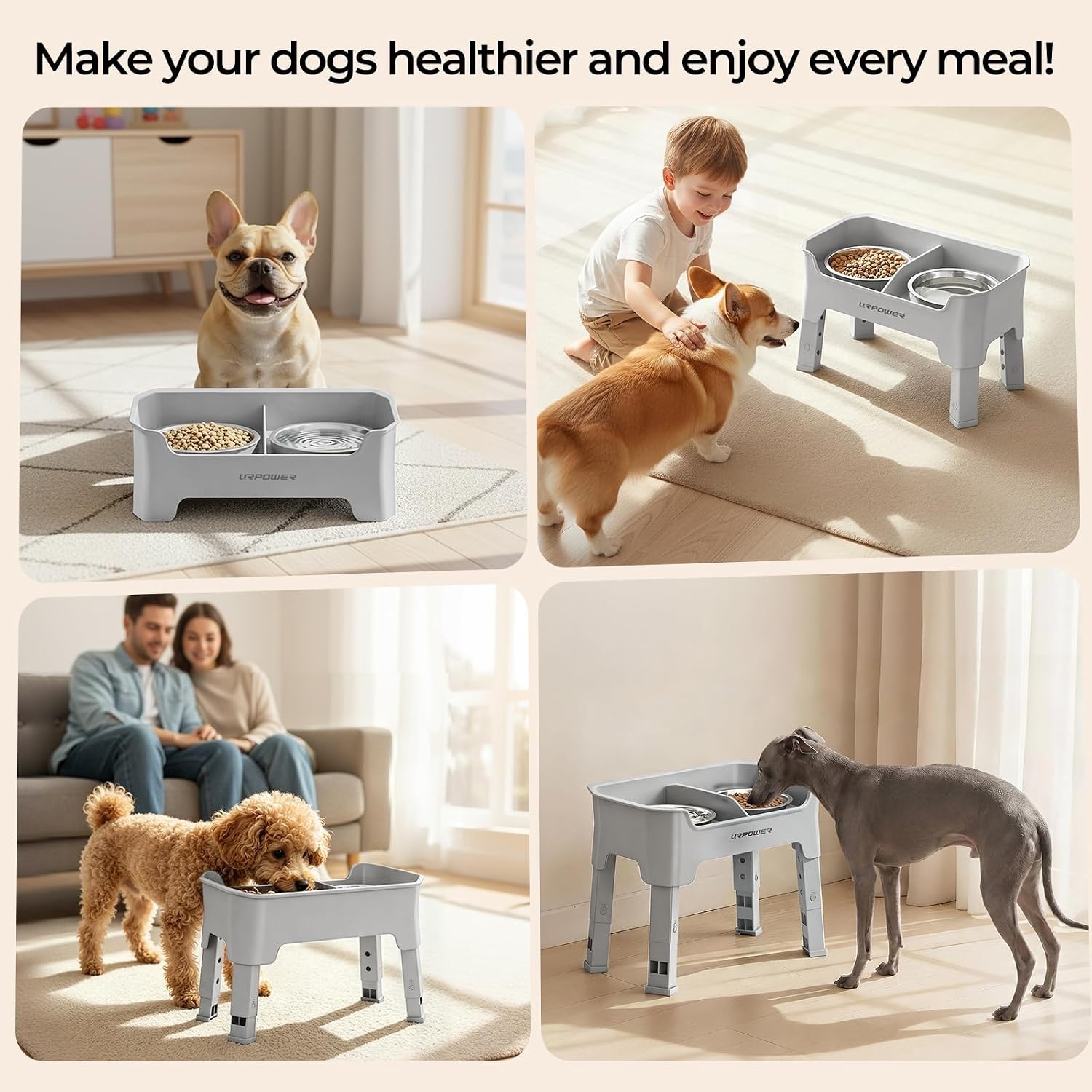 image:imageURPOWER 3in1 Elevated Dog Bowls Mess Proof Double Deck 4 Height Adjustable Raised Stand with 2 Stainless Steel Food Bowls amp Licking Plate for Small Medium amp Large DogsLight Grey
