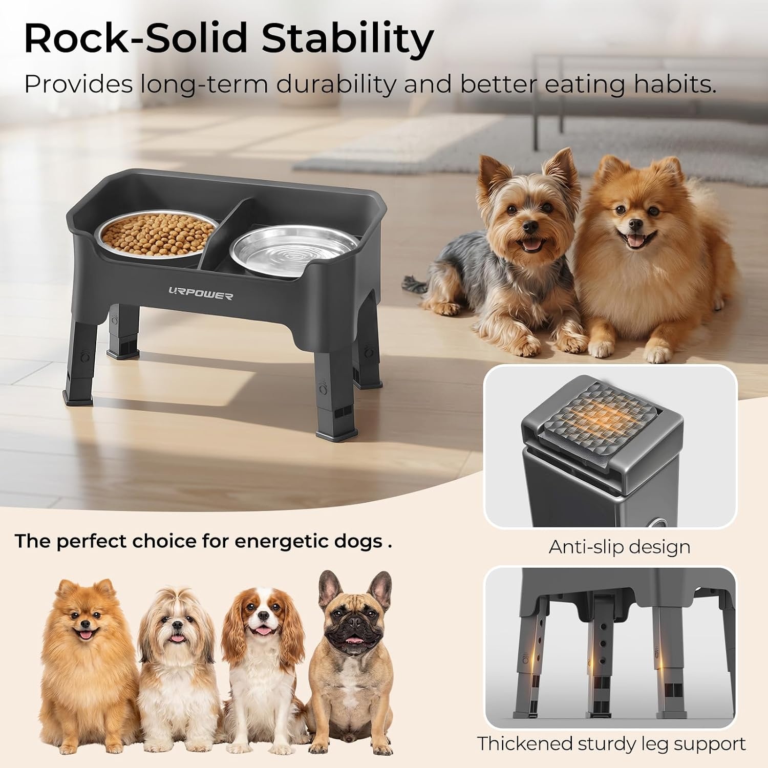 image:imageURPOWER 3in1 Elevated Dog Bowls Mess Proof Double Deck 4 Height Adjustable Raised Stand with 2 Stainless Steel Food Bowls amp Licking Plate for Small Medium amp Large DogsGrey
