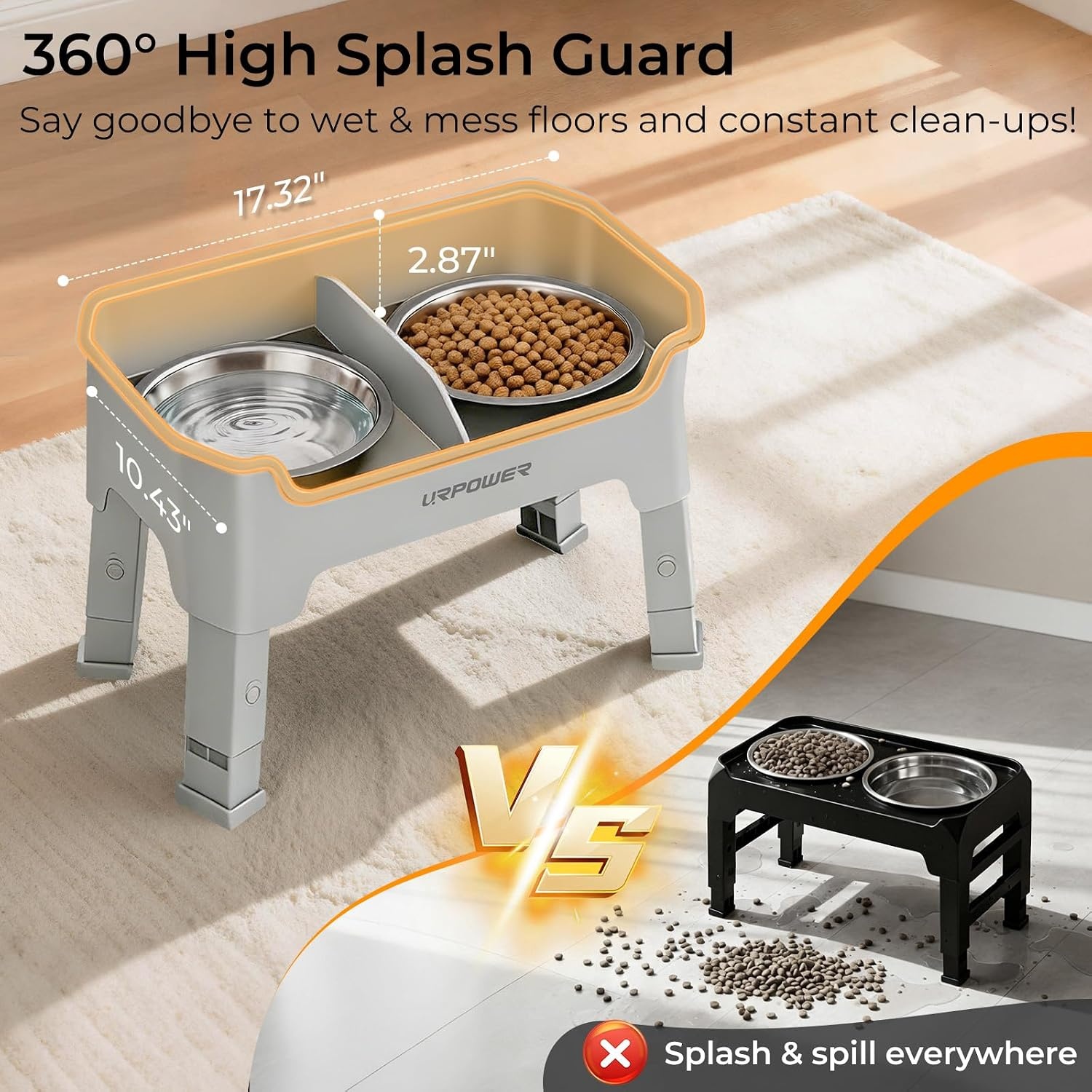image:imageURPOWER 3in1 Elevated Dog Bowls Mess Proof Double Deck 4 Height Adjustable Raised Stand with 2 Stainless Steel Food Bowls amp Licking Plate for Small Medium amp Large DogsLight Grey