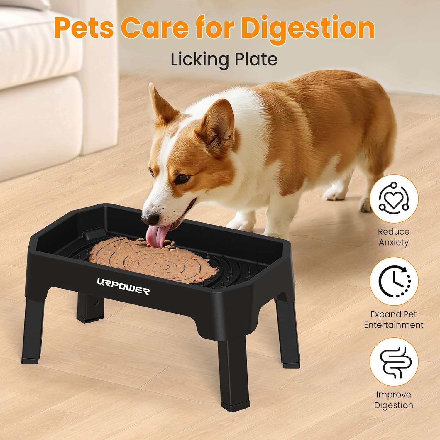 image:imageURPOWER 3in1 Elevated Dog Bowls Mess Proof Double Deck 4 Height Adjustable Raised Stand with 2 Stainless Steel Food Bowls amp Licking Plate for Small Medium amp Large DogsBlack