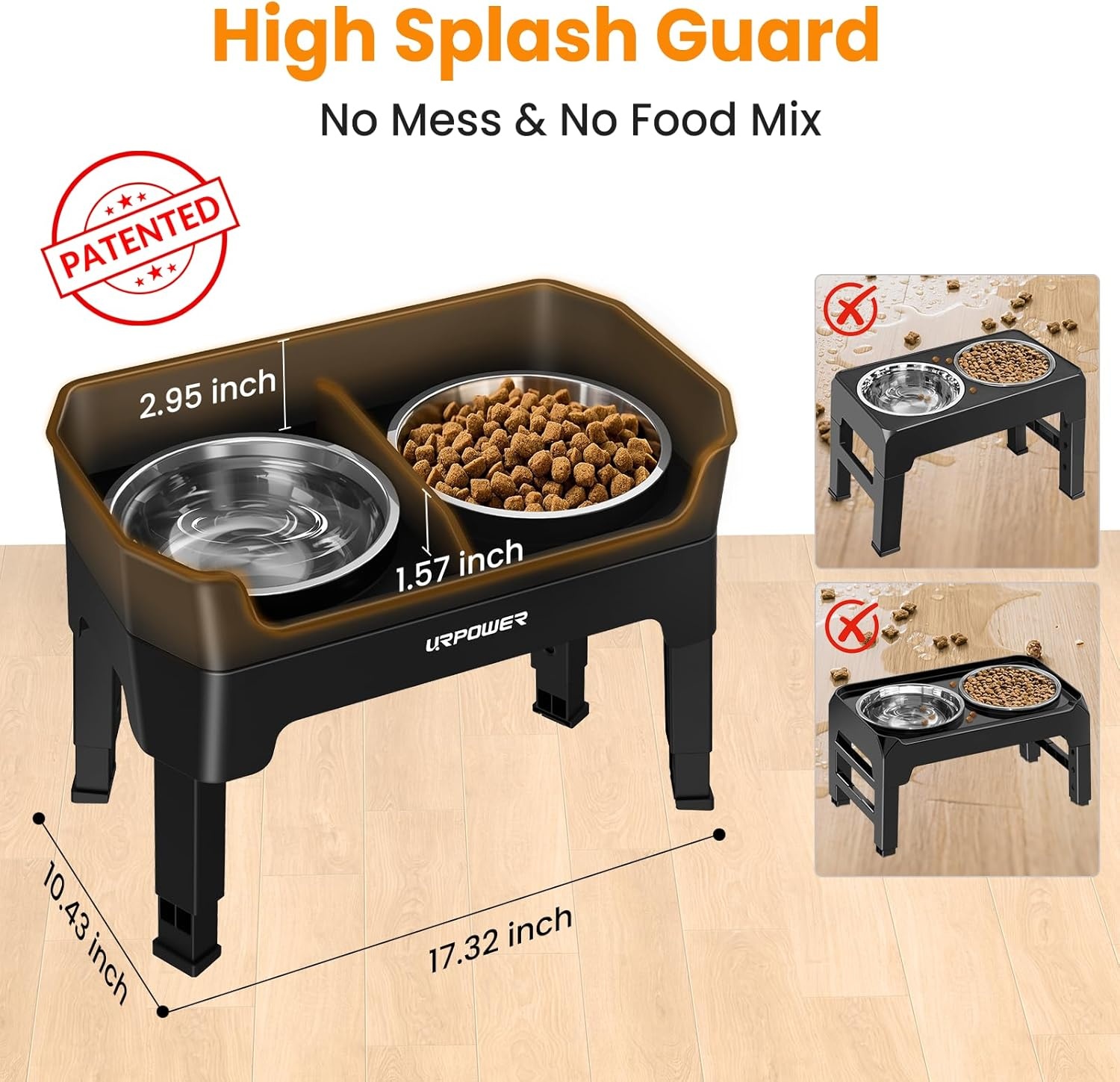 image:imageURPOWER 3in1 Elevated Dog Bowls Mess Proof Double Deck 4 Height Adjustable Raised Stand with 2 Stainless Steel Food Bowls amp Licking Plate for Small Medium amp Large DogsBlack