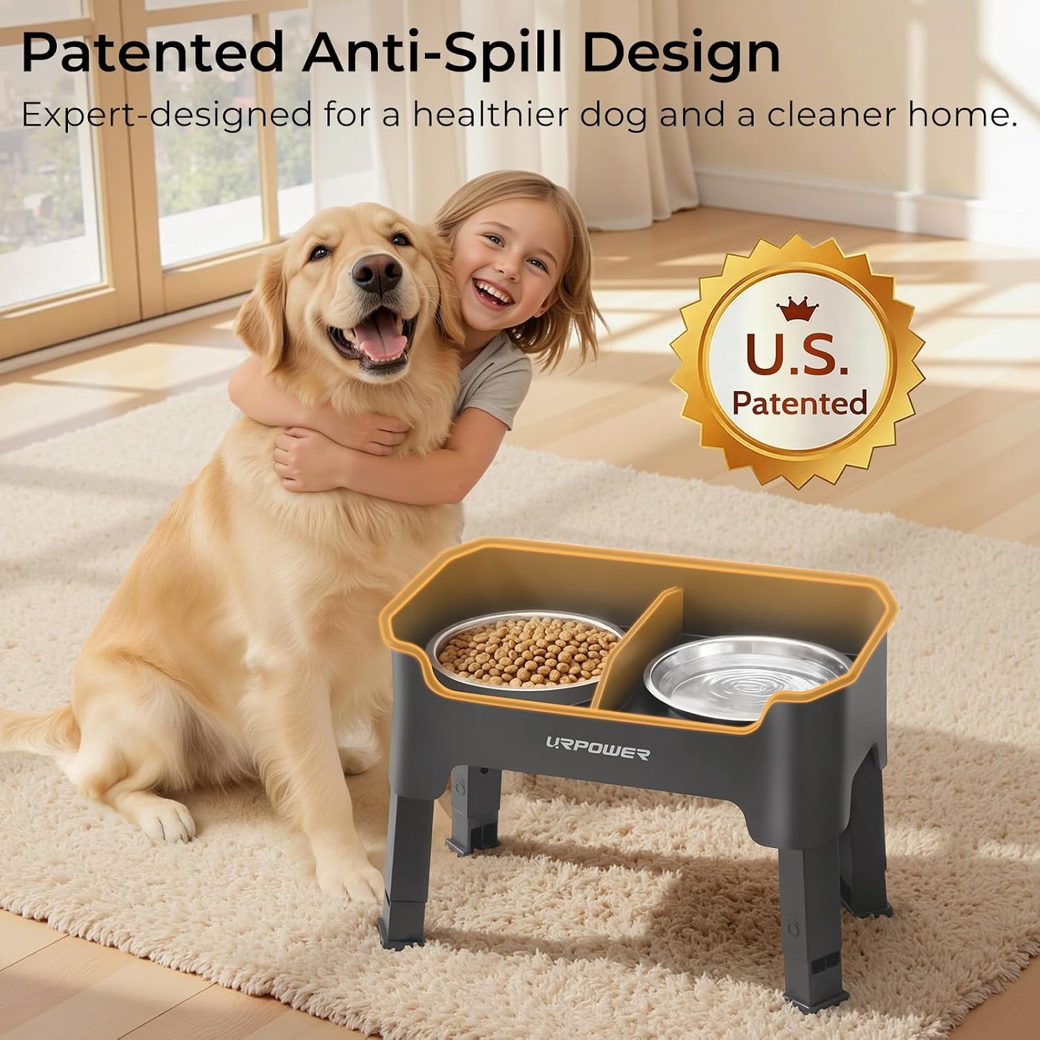 image:imageURPOWER 3in1 Elevated Dog Bowls Mess Proof Double Deck 4 Height Adjustable Raised Stand with 2 Stainless Steel Food Bowls amp Licking Plate for Small Medium amp Large DogsGrey