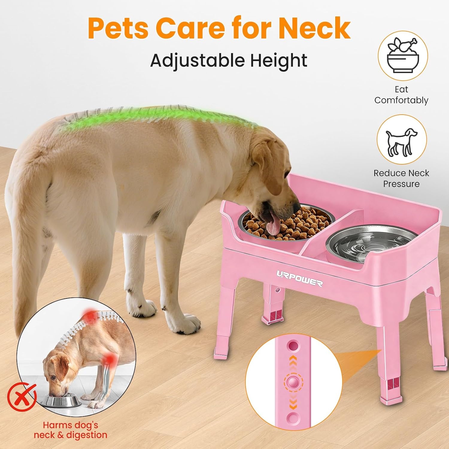 image:imageURPOWER 3in1 Elevated Dog Bowls Mess Proof Double Deck 4 Height Adjustable Raised Stand with 2 Stainless Steel Food Bowls amp Licking Plate for Small Medium amp Large DogsPink